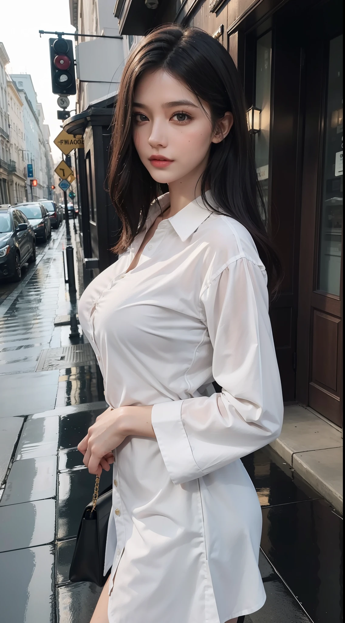 ((Best Quality, 8K, Masterpiece: 1.3)), Sharp: 1.2, Perfect Body Beauty: 1.4, Slim Abs: 1.2, ((Layered Hairstyle, Big Breasts: 1.2)), (Wet White Button Long Shirt: 1.1), (Rain, Street: 1.2), Wet: 1.5, Highly detailed face and skin texture, detailed eyes, double eyelids, side face looking at the camera, full body portrait