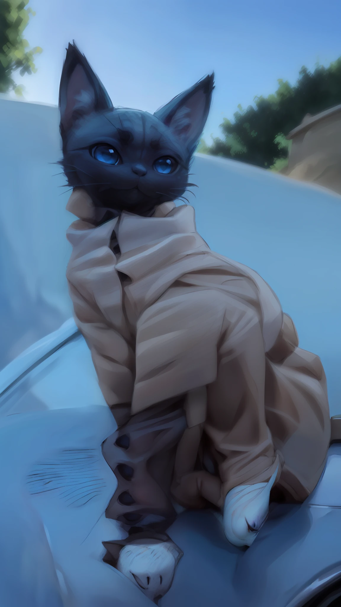 there is a cat sitting on top of a car with a blue eyes, aesthetic siamese cat, Tomado com Sony Alpha 9, looking into the camera, female looking, cat female with a whit and chest, extremamente bonito, pale blue eyes!, tabaxi macho, mulher pelada com olhos azuis, muito bonito, proud serious expression, Pequenos olhos azuis, awesome cat, um bonito