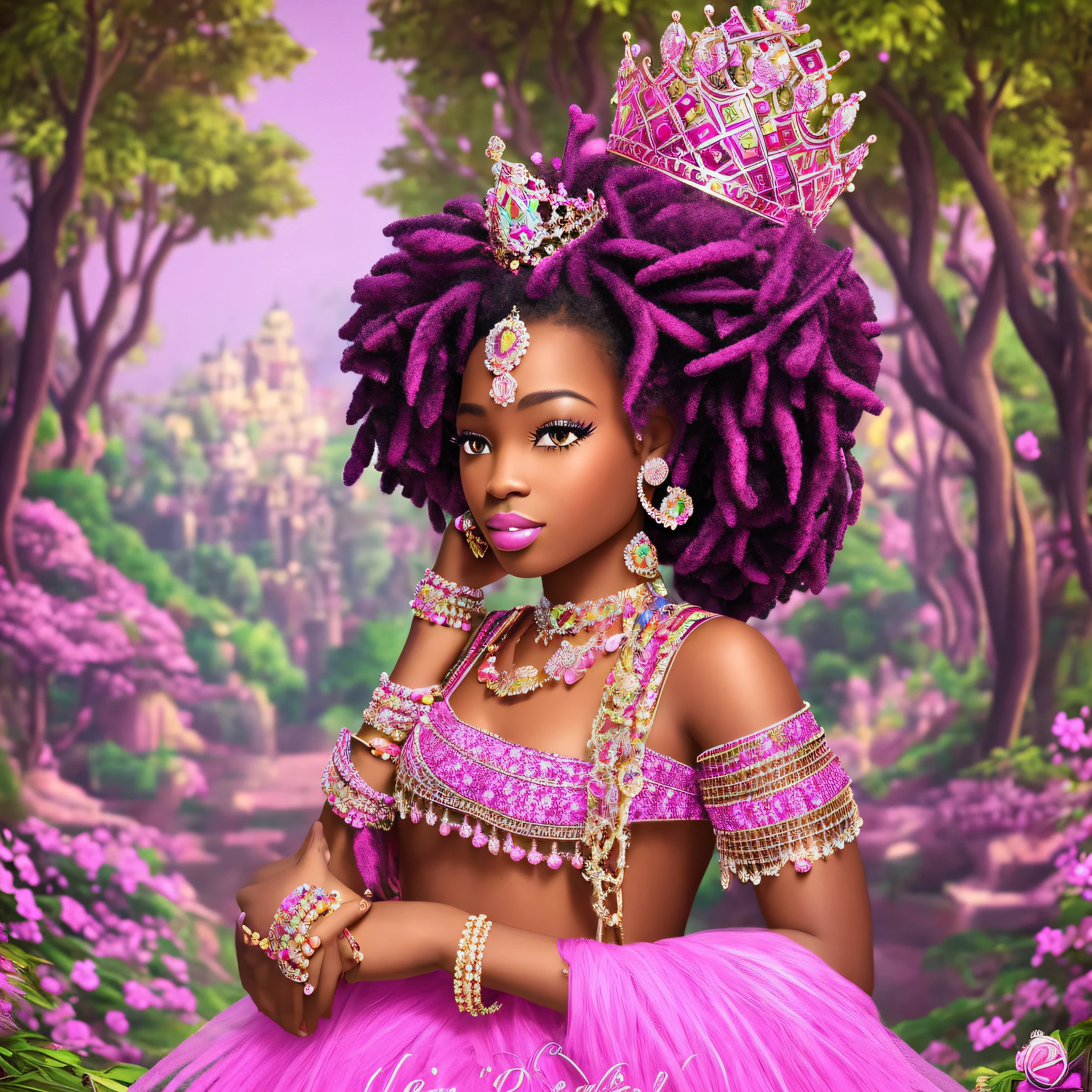Create the image of an afro princess with dreads and a crown with pink sapphire stones in a candy town with cotton trees and diamente castle --auto --s2