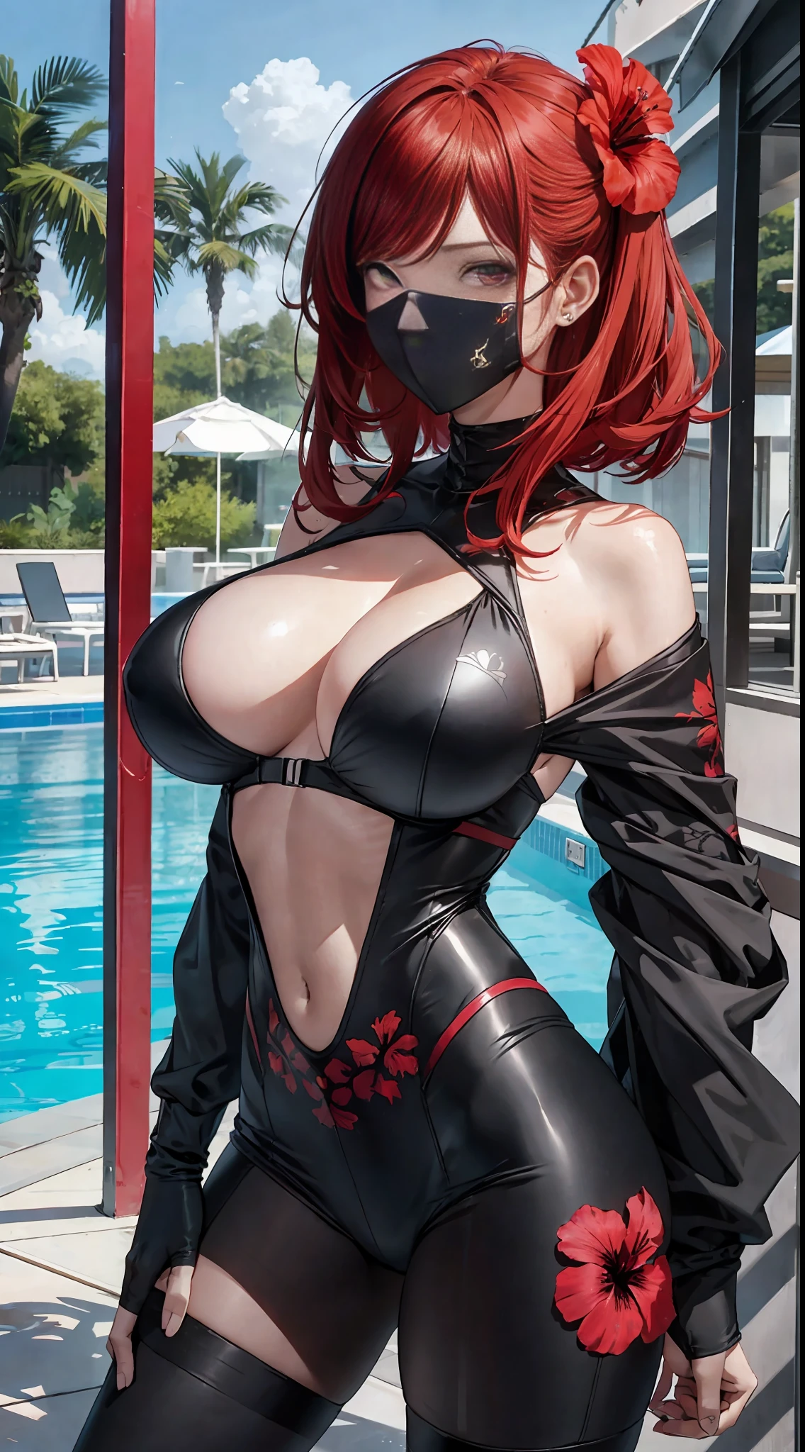 Redhead babes,black mouth mask,8K resolution,The body is strong,{{Huge_breast cleavage、}},The chest is erect,Tall,Long legs,Thin and transparent tights,{{lotion,}},{{gloss}},{slender},Fair skin,{black_stockings},highest detailed,Light curls,long bangs,hollow out,Side space,Various tattoos all over the body,Hibiscus out of the water,Just finished swimming,Climbing up from the pool --auto --s2