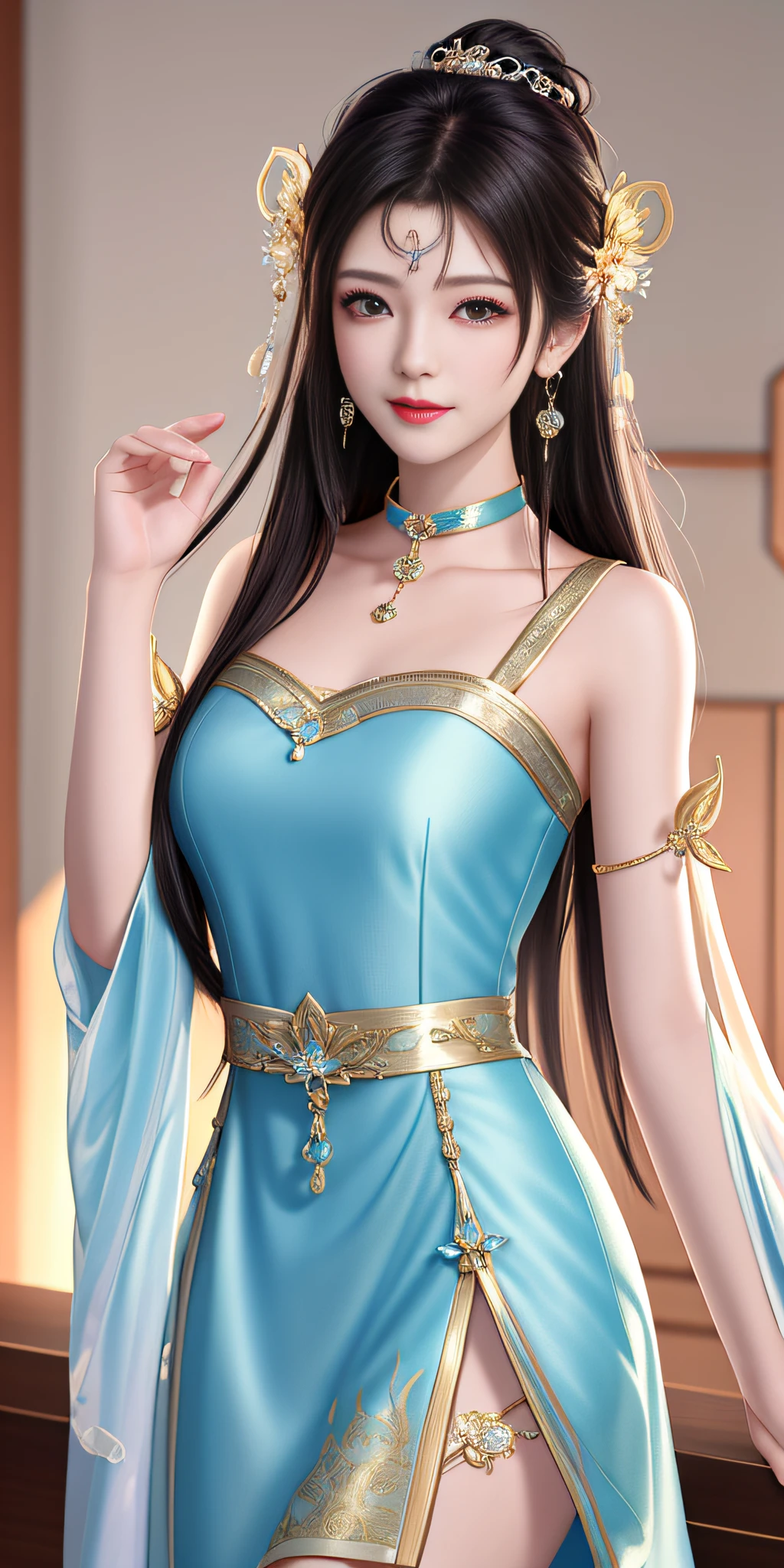 Best quality、a masterpiece、high res、1girl、Sheer silk porcelain dress、Nice face、hair ornament、looks at the viewer、smile,、Shut your mouth、Lips、One Piece Dresses、Sexy beautiful legs，hair ornament、Choker、JEWELRY、length hair、earings、Pretty Face、On the body、Tindal effect、realistness、Shadow Studio、edge lighting、Two-Color Lighting、（highdetailedskin：1.2）、8k UHD、DSLR、softlighting、High Quality，Volumetric Lighting，photograph of，High resolution 4K，8k，Blur the background