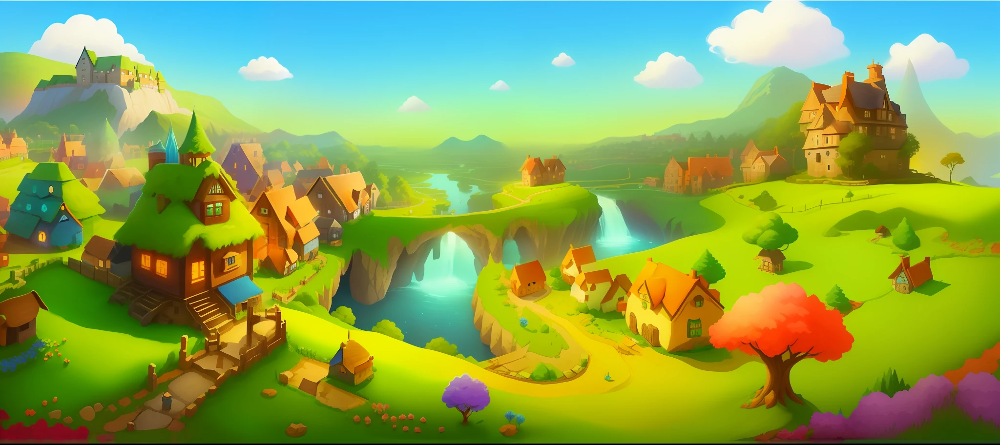 According to this picture, a similar picture will be made with a different layout than it is now. Close up of cartoon village with waterfall and houses, background artwork, whimsical fantasy landscape art, fantasy matte painting, cute, background art, kingdom of light background, fairy tale kingdom forest, mobile game background, stylized game art, fairy tale style background, fantasy background, distant village background, 3d stylized scene, magical village, 2d game art background