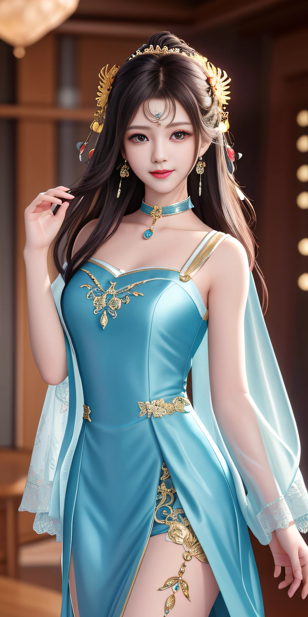 Best quality、a masterpiece、high res、1girl、Sheer silk porcelain dress、Nice face、hair ornament、looks at the viewer、smile,、Shut your mouth、Lips、One Piece Dresses、Sexy beautiful legs，hair ornament、Choker、JEWELRY、length hair、earings、Pretty Face、On the body、Tindal effect、realistness、Shadow Studio、edge lighting、Two-Color Lighting、（highdetailedskin：1.2）、8k UHD、DSLR、softlighting、High Quality，Volumetric Lighting，photograph of，High resolution 4K，8k，Blur the background