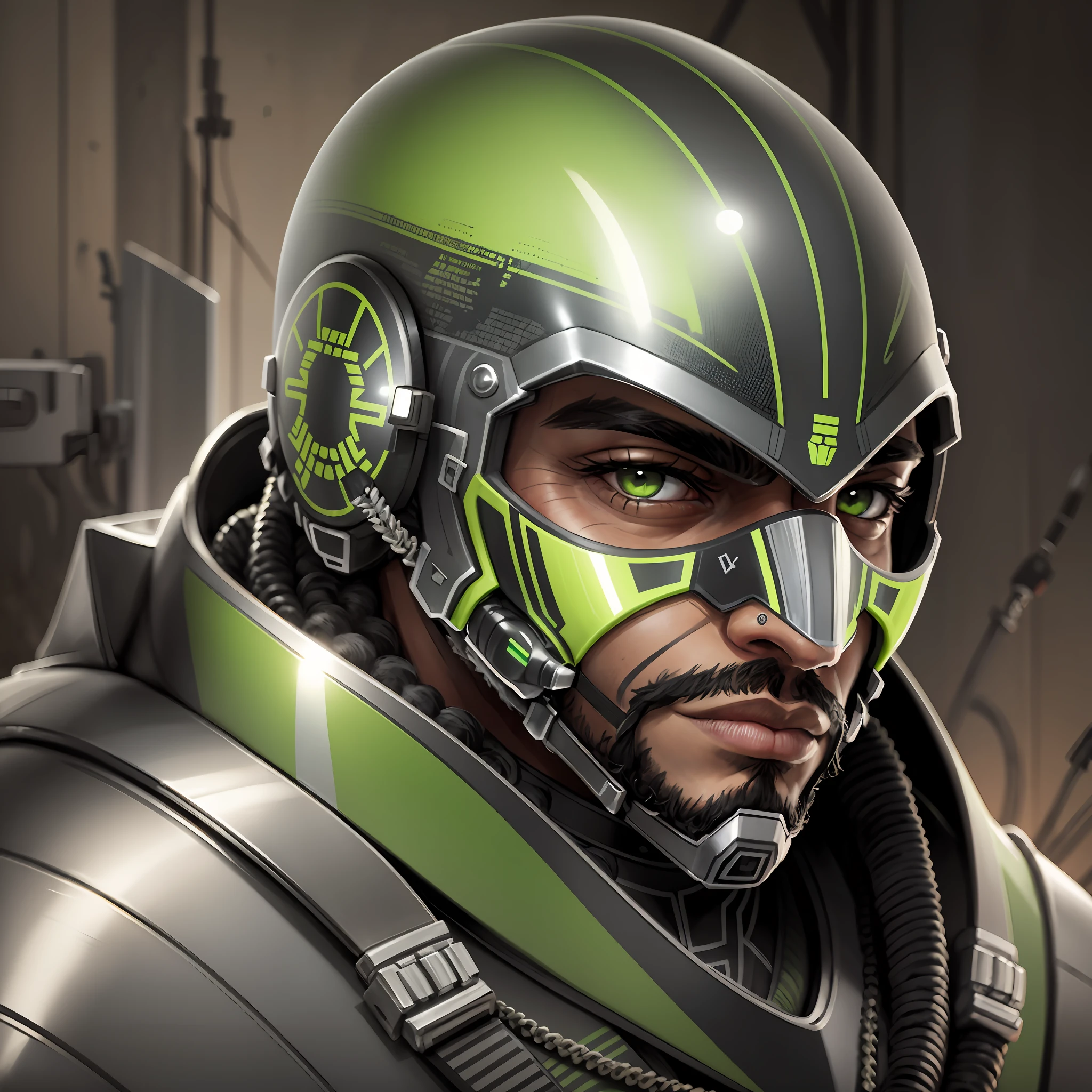 retrato hiper-realista, rico em detalhes, Perfect photo that is confused with photo of a real man of black race, olhos castanhos escuros, com armadura futurista , Metal, verde, com desenhos tribais, with face visible on helmet. Mulher nua cinema_v2.