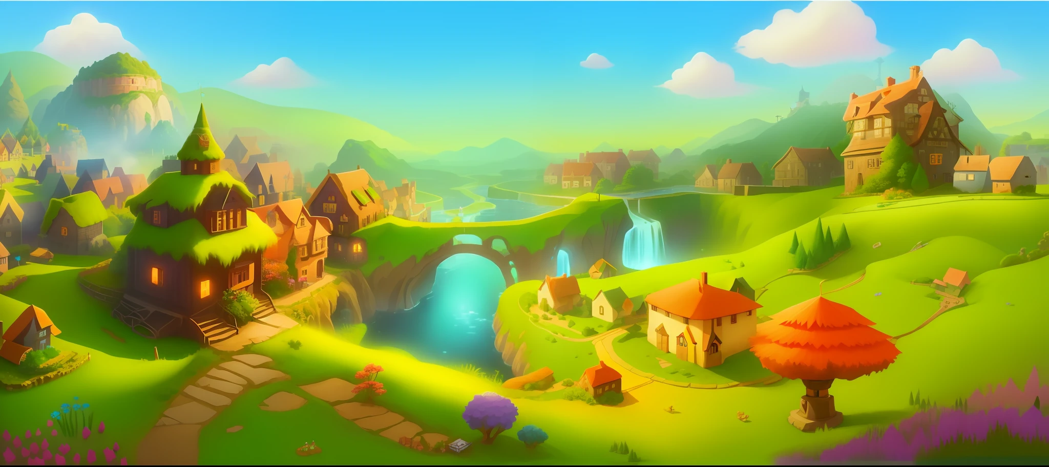 According to this picture, a similar picture will be made with a different layout than it is now. Close up of cartoon village with waterfall and houses, background artwork, whimsical fantasy landscape art, fantasy matte painting, cute, background art, kingdom of light background, fairy tale kingdom forest, mobile game background, stylized game art, fairy tale style background, fantasy background, distant village background, 3d stylized scene, magical village, 2d game art background