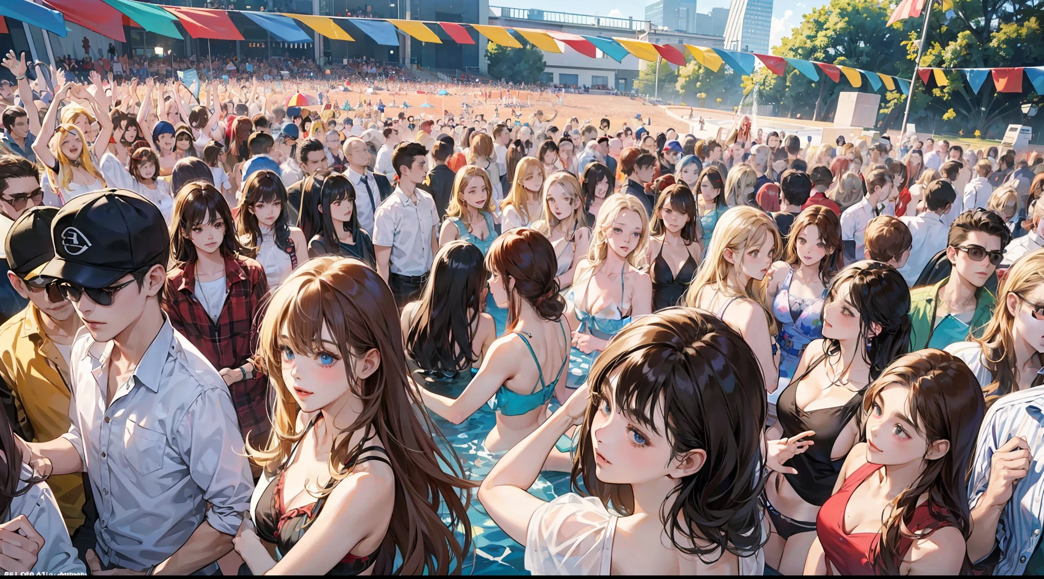 {{age female, caucasian, hundreds of girls, thousands of girls, multiple girls, many girls, only girls, crowd shot, girls are friends}}, looking at viewer, hazel eyes, extremely detailed, brown hair, blonde hair, red hair, black hair, {{blue bikinis, matching bikinis, identical bikinis, same color bikinis}}, pool, pool partowd of girls, girls partying,y, best quality, high quality, extremely detailed anime screencap