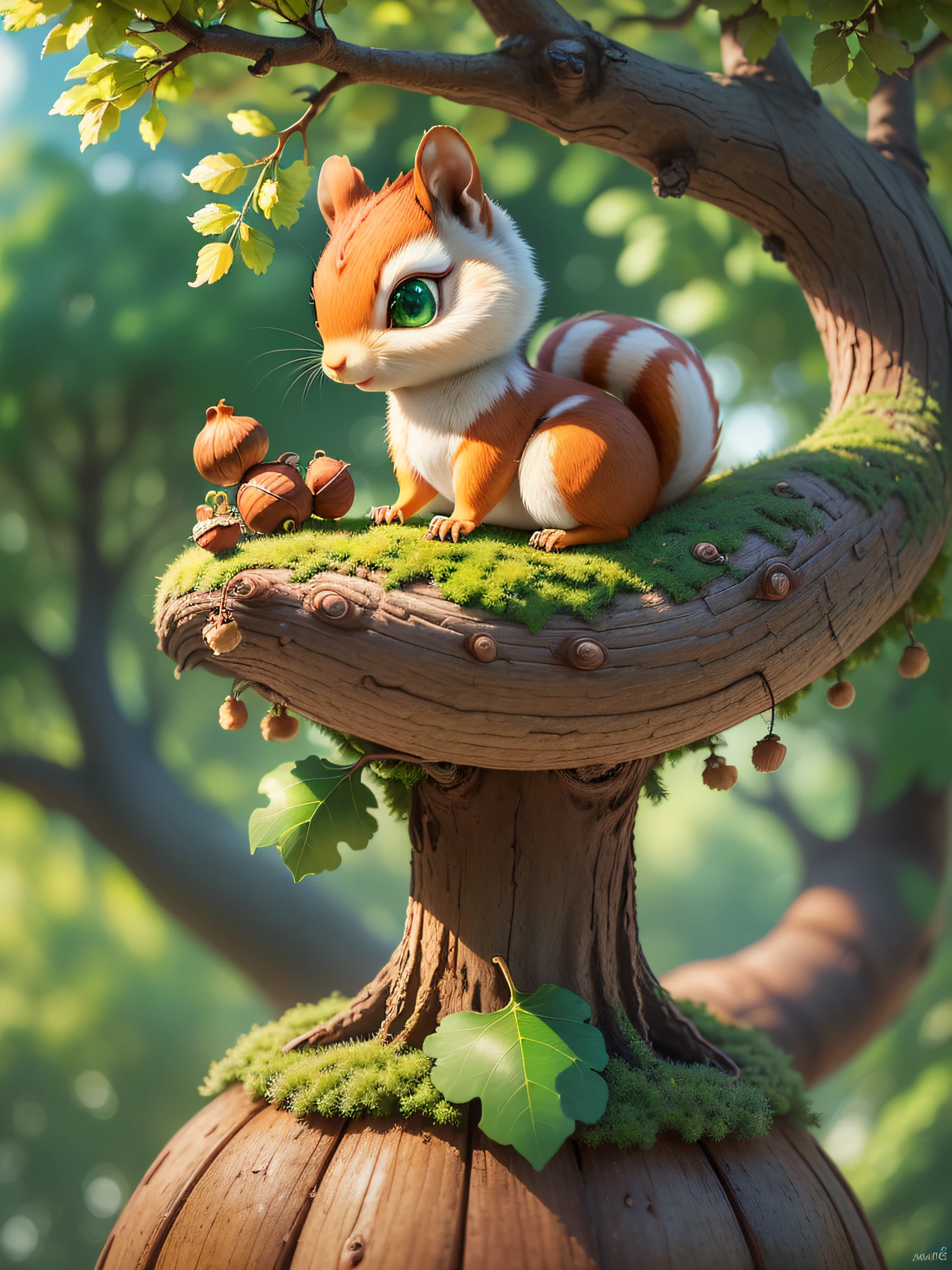 ((Top Quality, 8k, Masterpiece: 1.3)), cute squirrel, profile, ((mystical)), fantastic, white background, 3d, pixar, illustration, ((curious)),(camera slightly from below), (Camera 3/4), ((dark green eyes: 1.4)), ((waiting position)), ((on a giant tree)), ((acorn in one hand: 1.4))