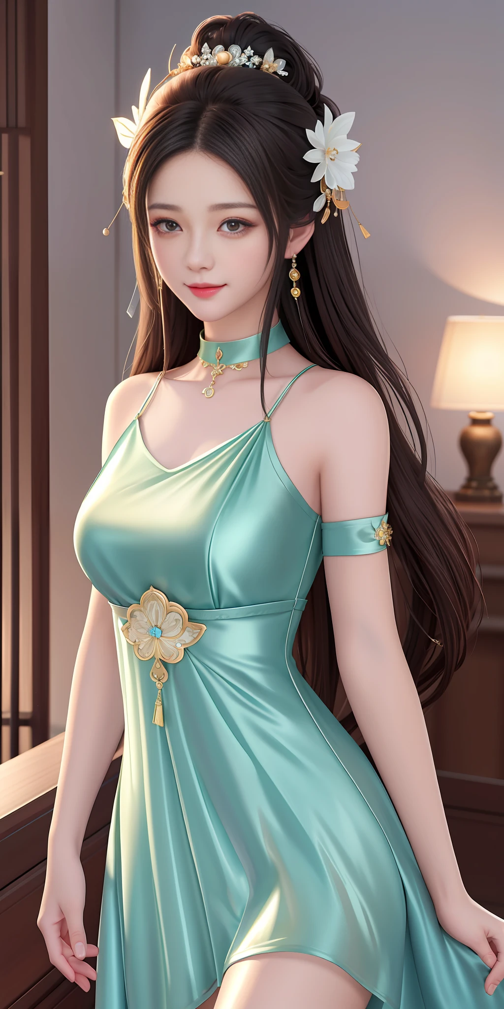 Best quality、a masterpiece、high res、1 girl、Sheer silk porcelain dress、Nice face、hair ornament、looks at the viewer、smile,、,、Shut your mouth、Lips、One Piece Dresses、(Sexy beautiful legs:1.3),(Sexy:1.3),hair ornament、Choker、JEWELRY、length hair、earings、Pretty Face、On the body、Tindal effect、realistness、Shadow Studio、edge lighting、Two-Color Lighting、(highdetailedskin:1.2)、8k Ultra HD、DSLR、softlighting、High Quality,Volumetric Lighting,photograph of,High resolution 4K,8k,Blur the background