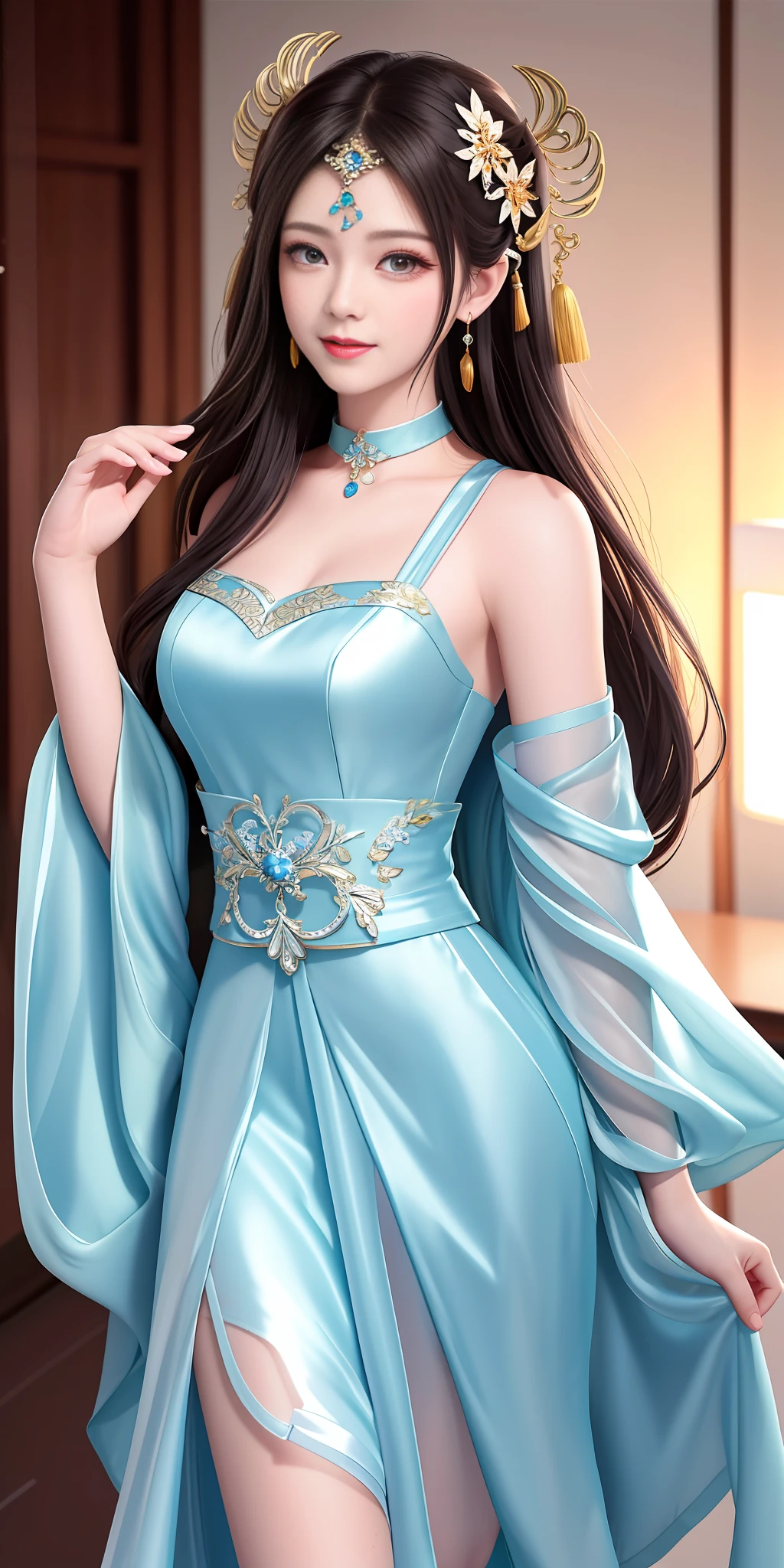 Best quality、a masterpiece、high res、1 girl、Sheer silk porcelain dress、Nice face、hair ornament、looks at the viewer、smile,、,、Shut your mouth、Lips、One Piece Dresses、（Sexy beautiful legs：1.3），（Sexy：1.3），hair ornament、Choker、JEWELRY、length hair、earings、Pretty Face、On the body、Tindal effect、realistness、Shadow Studio、edge lighting、Two-Color Lighting、（highdetailedskin：1.2）、8k Ultra HD、DSLR、softlighting、High Quality，Volumetric Lighting，photograph of，High resolution 4K，8k，Blur the background