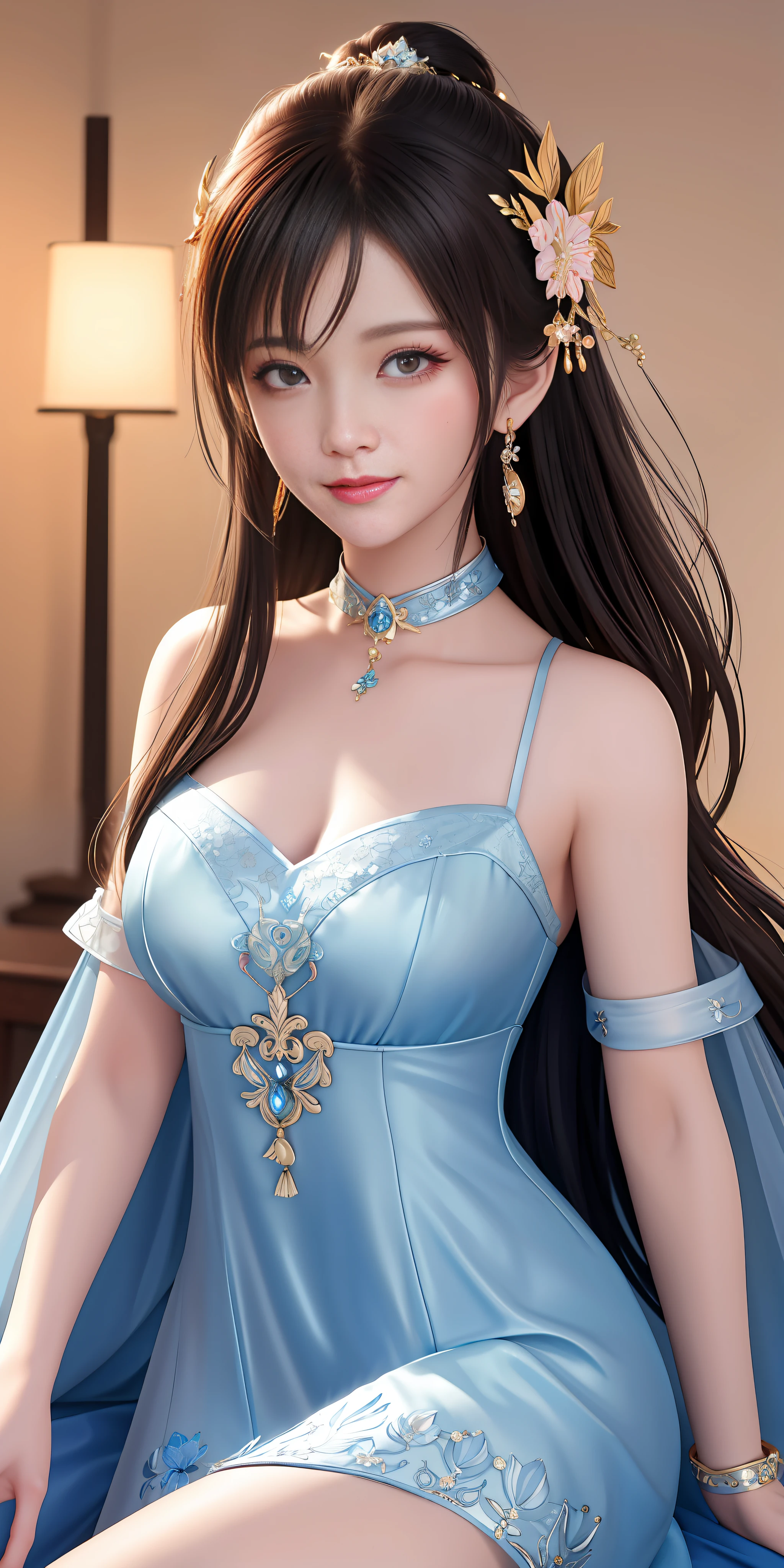 Best quality、a masterpiece、high res、1 girl、Sheer silk porcelain dress、Nice face、hair ornament、looks at the viewer、smile,、,、Shut your mouth、Lips、One Piece Dresses、(Sexy beautiful legs:1.3),(Sexy:1.3),hair ornament、Choker、JEWELRY、length hair、earings、Pretty Face、On the body、Tindal effect、realistness、Shadow Studio、edge lighting、Two-Color Lighting、(highdetailedskin:1.2)、8k Ultra HD、DSLR、softlighting、High Quality,Volumetric Lighting,photograph of,High resolution 4K,8k,Blur the background