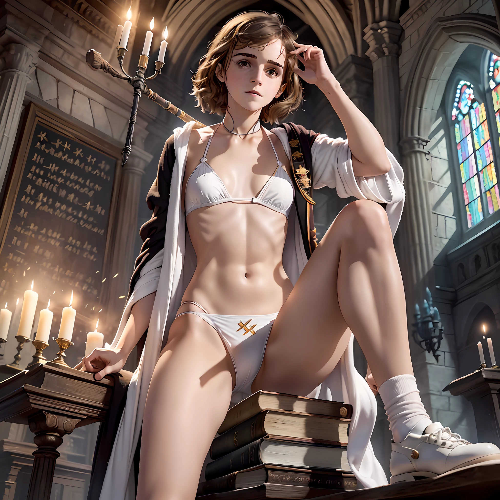 8k image quality, top quality, masterpiece, photorealism, movie look, detailed description, A large hall with a ceiling constructed of stone and wood with countless candles floating in it,detailed smiled expression, Hogwarts School of Witchcraft and Wizardry, have several thick academic books , 2nd grade female student, solo, front open black long robe, stand up, ((white classic briefs)), (((white bikini underwear))), fleshy inner thighs, black leather shoes, very short socks, (((Hermione Granger played by Emma Watson))))