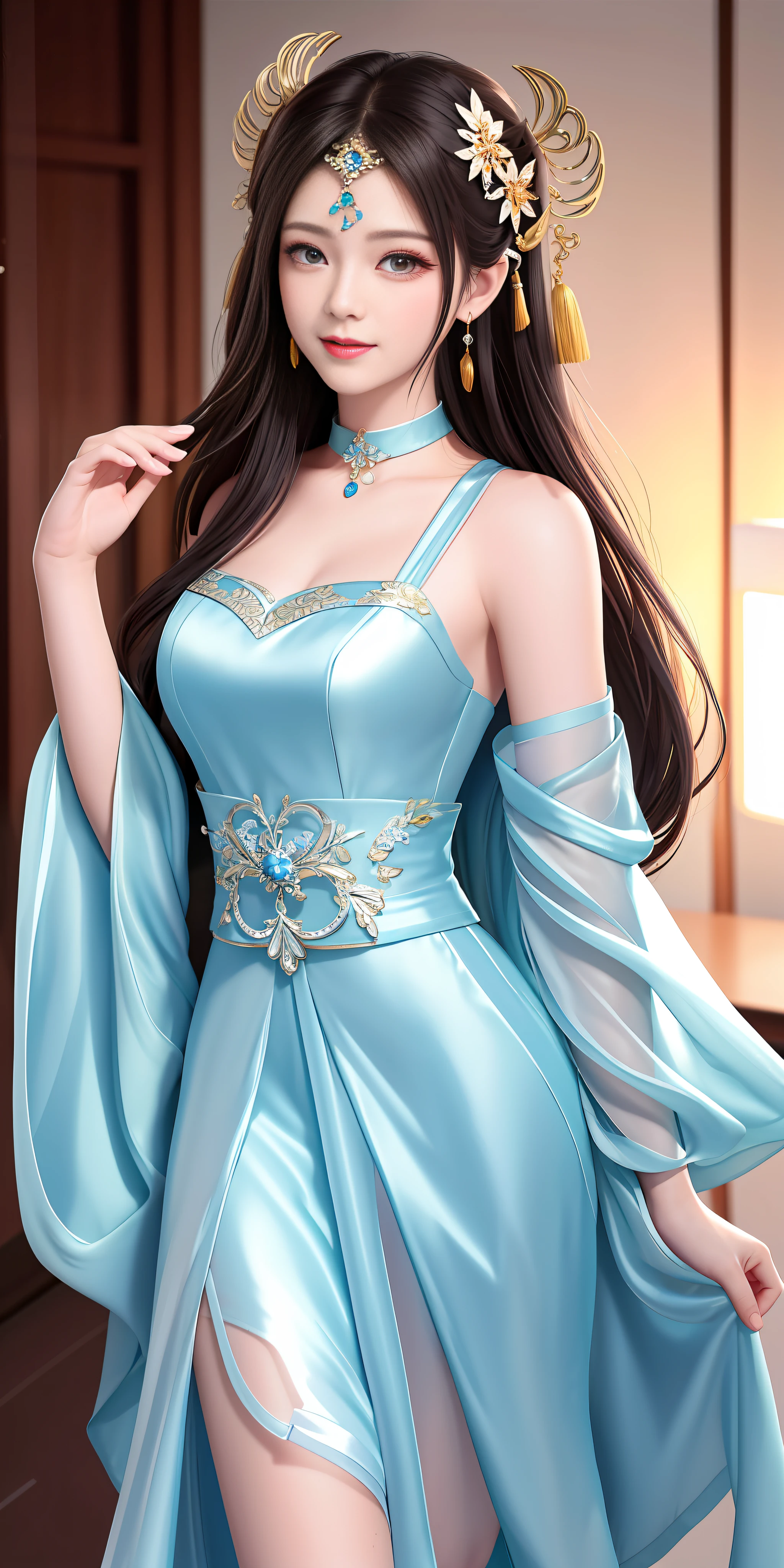 Best quality、a masterpiece、high res、1 girl、Sheer silk porcelain dress、Nice face、hair ornament、looks at the viewer、smile,、,、Shut your mouth、Lips、One Piece Dresses、(Sexy beautiful legs:1.3),(Sexy:1.3),hair ornament、Choker、JEWELRY、length hair、earings、Pretty Face、On the body、Tindal effect、realistness、Shadow Studio、edge lighting、Two-Color Lighting、(highdetailedskin:1.2)、8k Ultra HD、DSLR、softlighting、High Quality,Volumetric Lighting,photograph of,High resolution 4K,8k,Blur the background