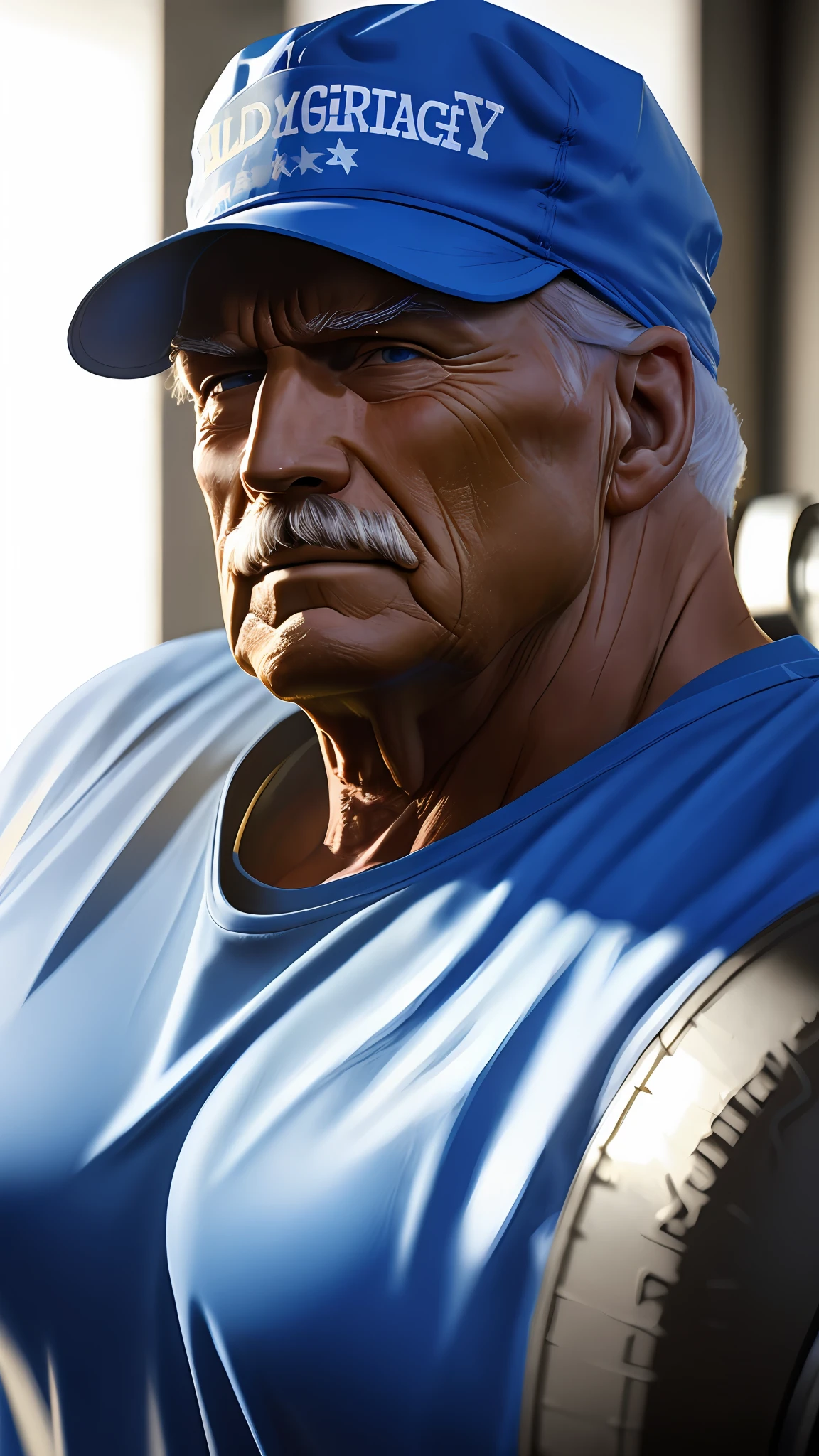 bodybuilder old man with a mustache ,((without a beard)), blue Bucket Hat, in the background a gym, photography,soft lighting, soft details, octane, artstation trending, ultra high detail, ultra realistic, cinematic,16k