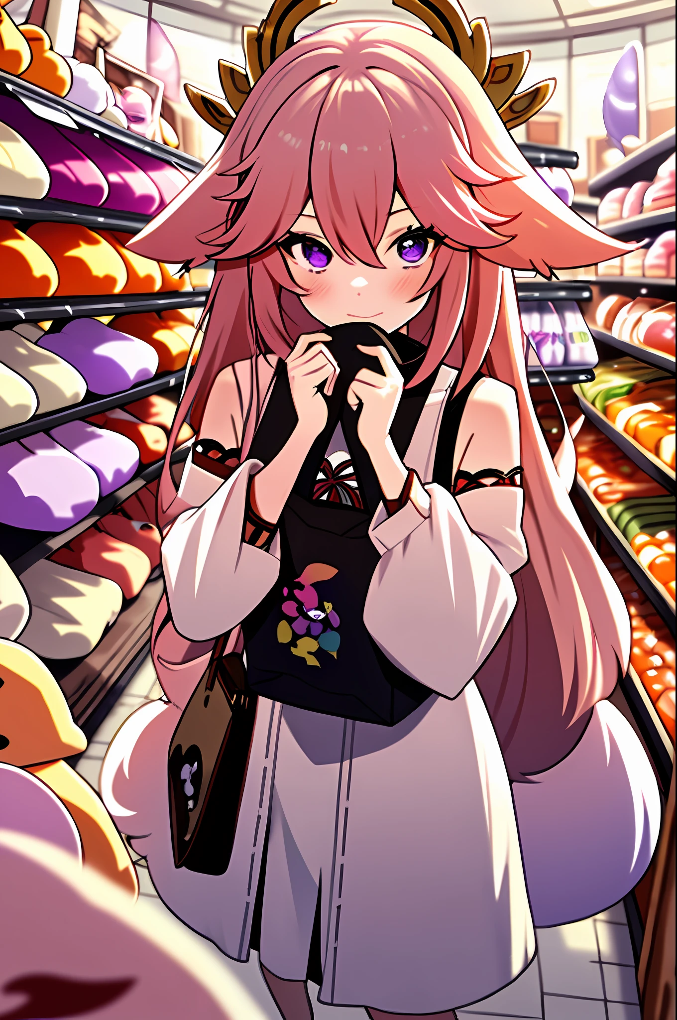 (masterpiece, best quality),  from above, solo, 1girl standing in a store with lots of stuffed animals on the shelves and a bag of stuff, depth of field, fisheye lens, purple eyes, pink hair, yae miko