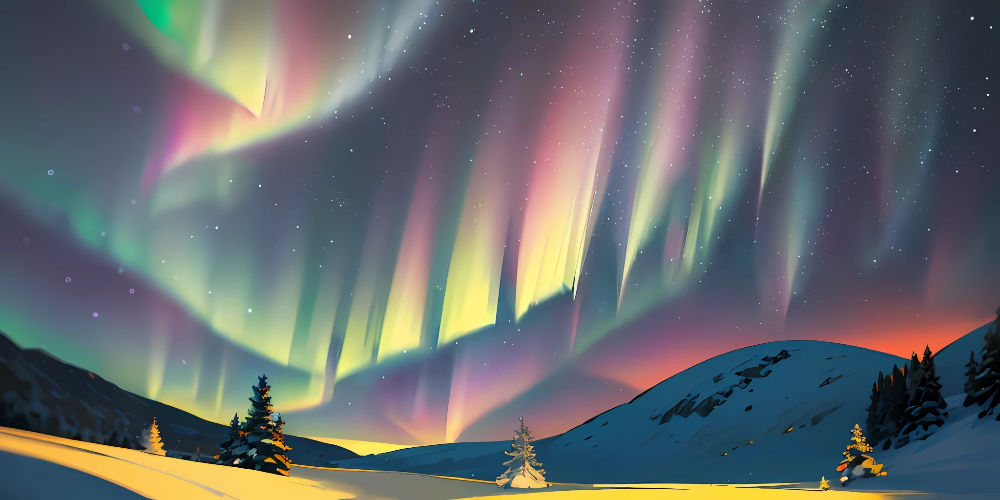 dynamic angle, nordic landscape, vast frozen plains and hills under the (aurora borealis), sublime, stunning, beautiful scene, snowflakes in the air, gorgeous, shimmering snow, night scene, starry sky, clear sky, vibrant colors, natural lighting, dynamic composition, highly detailed