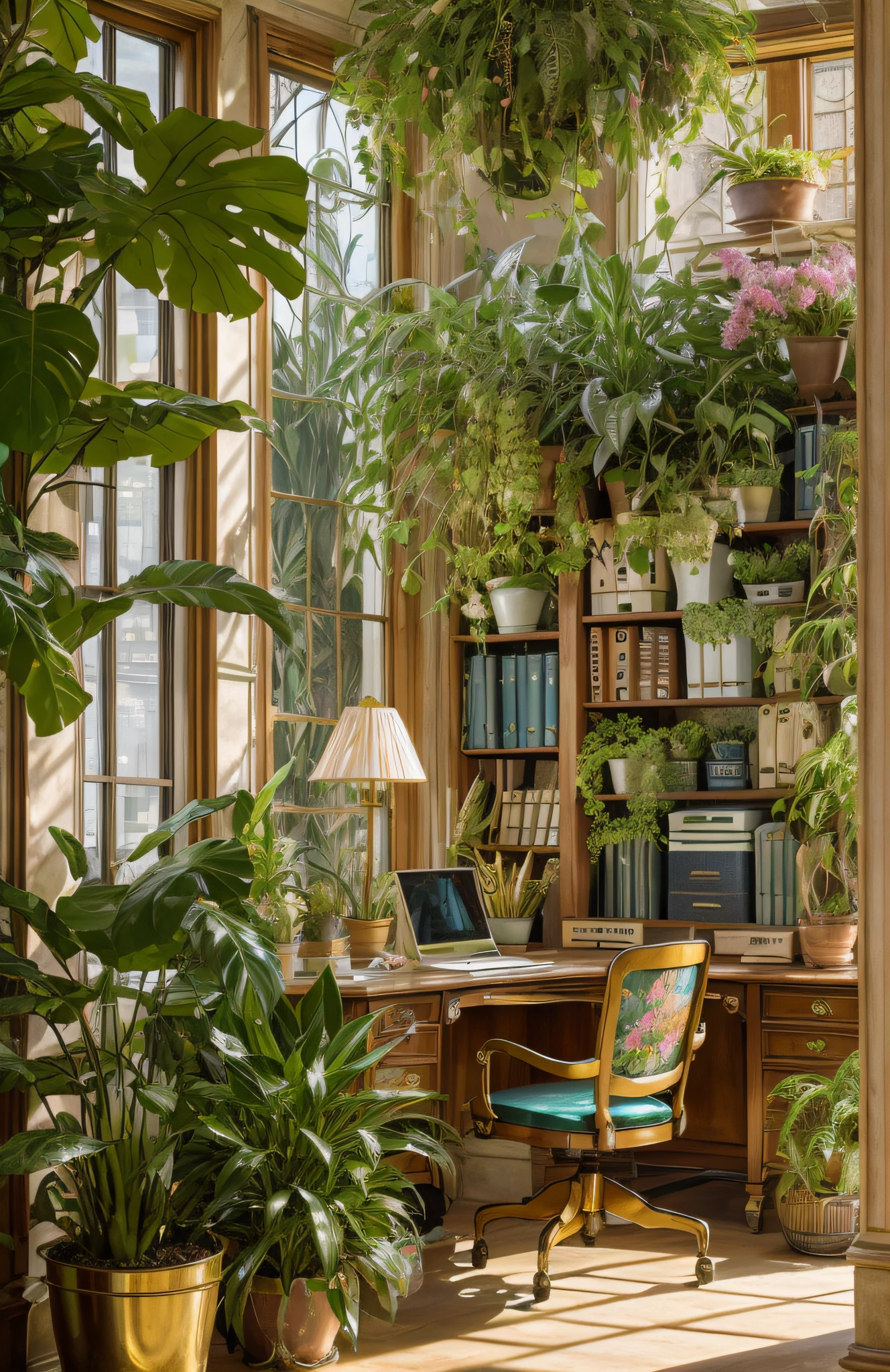 Architectural Digest photo of a maximalist green {vaporwave/steampunk/solarpunk} ((Home office)) with flowers and plants, golden light, hyperrealistic surrealism, award winning masterpiece with incredible details, epic stunning