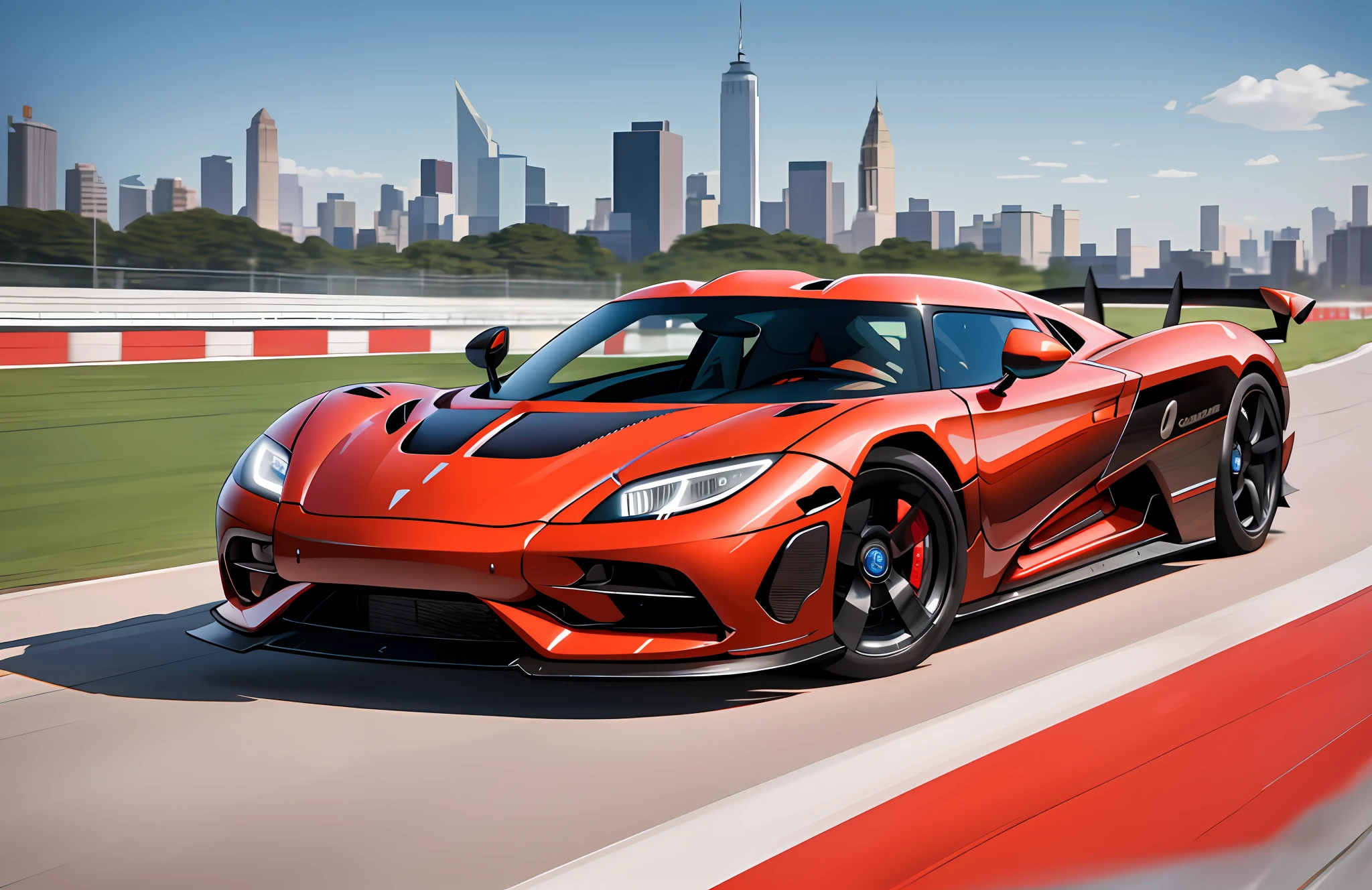 absurdos, Altas, ultra detalhados, Koenigsegg Gemera, carro de corrida vermelho, realista, visual impressionante, adesivos automotivos, circuito Nova York, dia