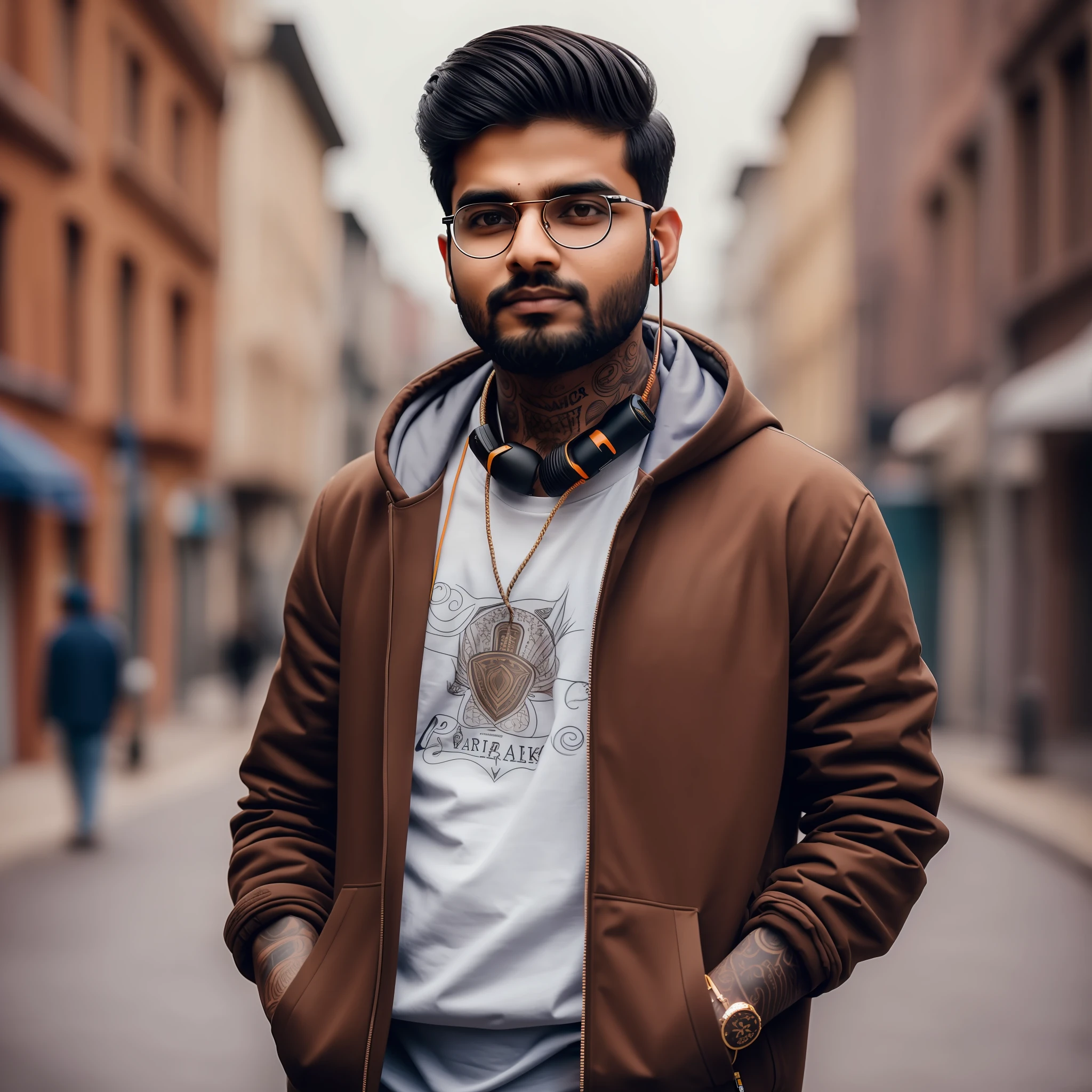 A Indian young guy with small beard with glasses, stand on street, wear hoody, headphone, tattoo on his neck, hyper realistic, Brown eyes, brown skin tone, 8k --auto --s2