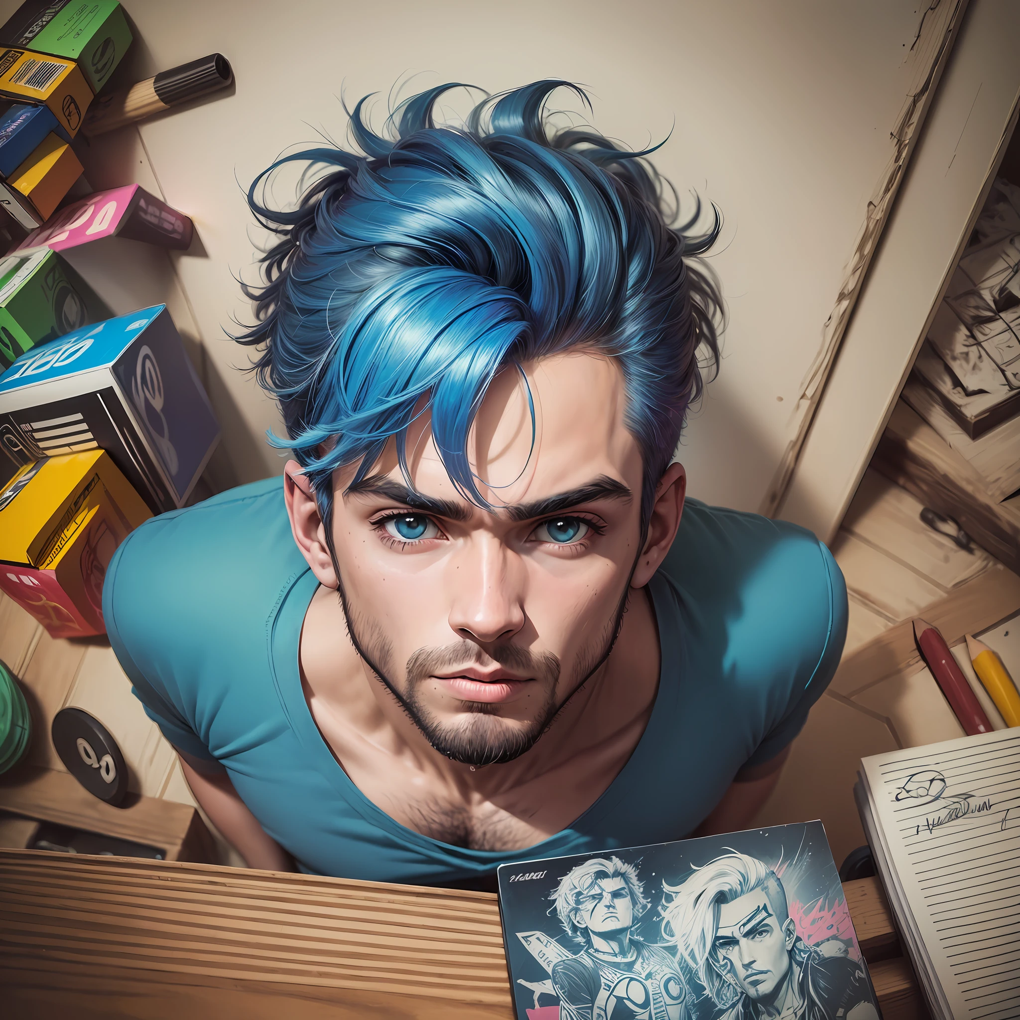 estilo quadrinho. (((obra prima))), ultra res, punk rock, neon, (((homem 30 anos))) bonito, em um loja de discos, com jaqueta jeans estilo James Jean, cabelos curto, (((corpo trincado))), fotorrealista, muito detalhado, UHD, HDR, (((estilo de desenho anos 60))) bem colorido --auto --s2