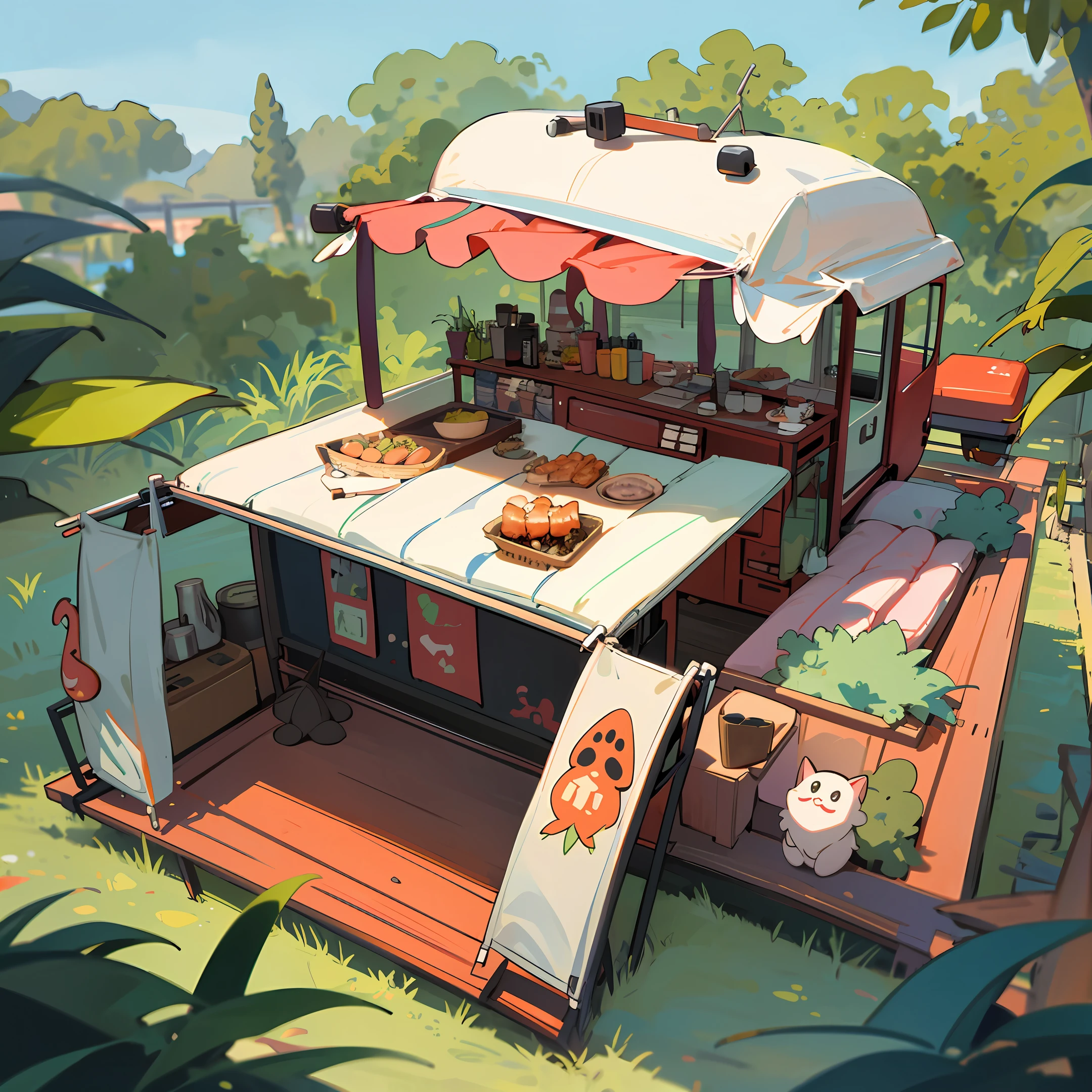 RV,Cute drawing style,Have with the bed,food,barbecue,animals,plants