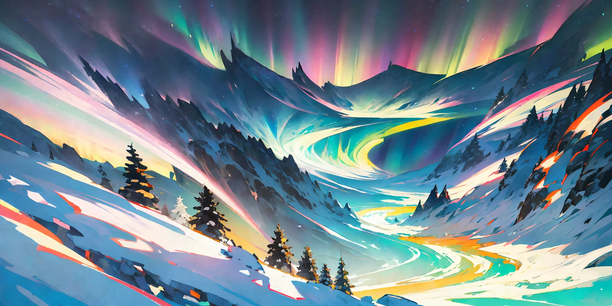 dynamic angle, nordic landscape, vast frozen plains and hills under the (aurora borealis), sublime, stunning, beautiful scene, snowflakes in the air, gorgeous, shimmering snow, night scene, starry sky, clear sky, vibrant colors, natural lighting, dynamic composition, highly detailed, sharp and crisp image,