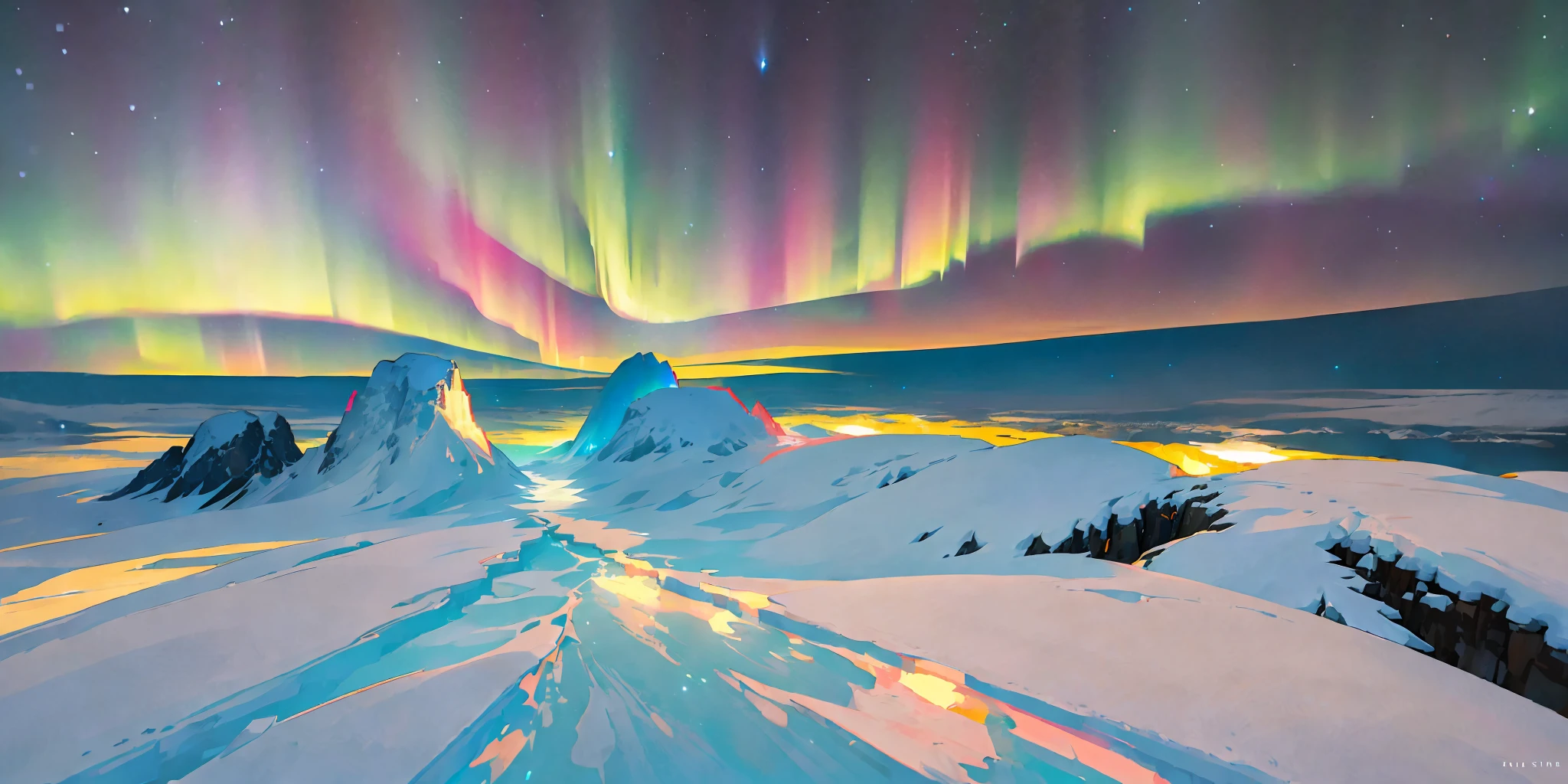 dynamic angle, nordic landscape, vast frozen plains and hills under the (aurora borealis), sublime, stunning, beautiful scene, snowflakes in the air, gorgeous, shimmering snow, night scene, starry sky, clear sky, vibrant colors, natural lighting, dynamic composition, highly detailed, sharp and crisp image,