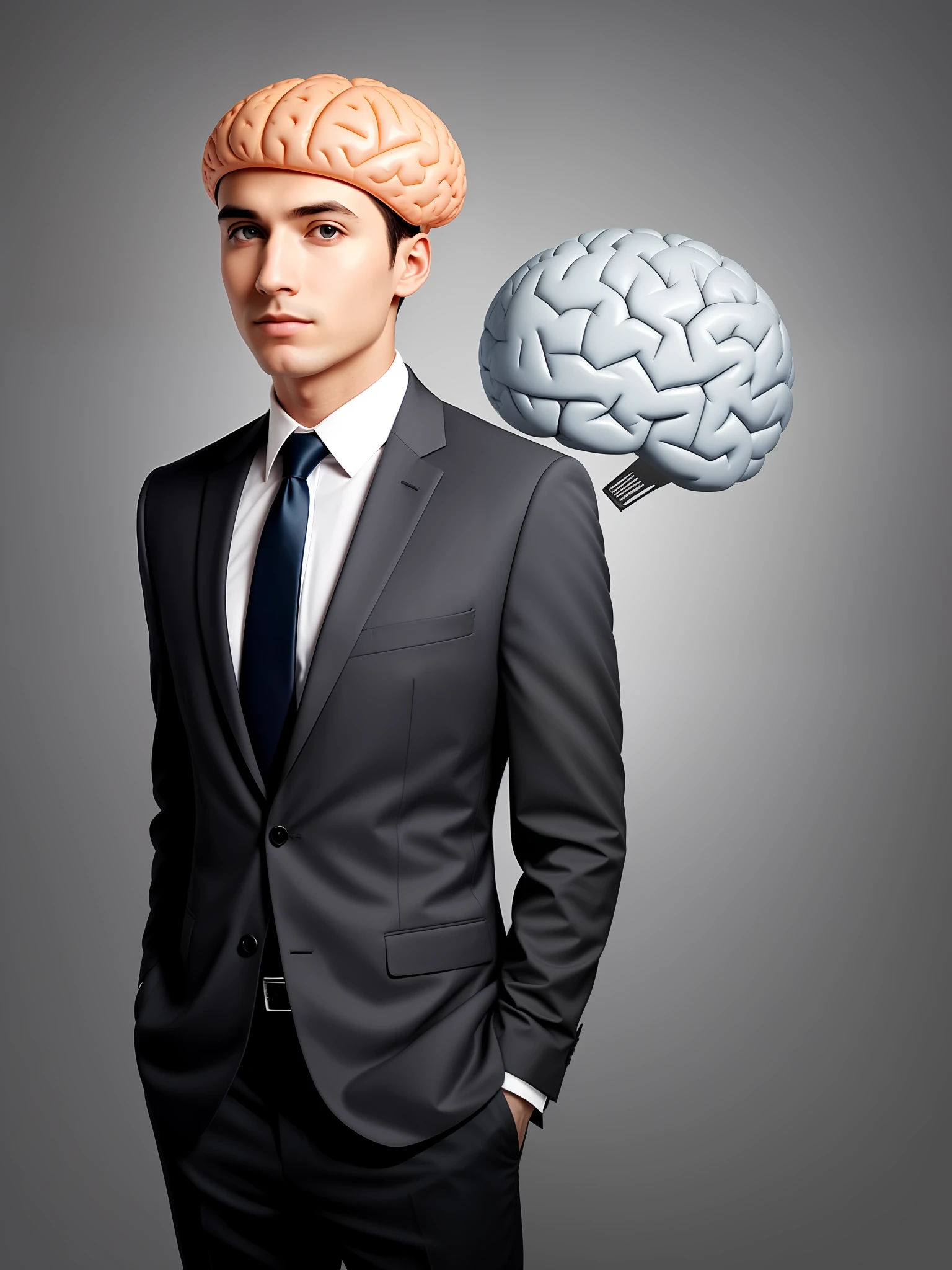 a person in a suit with a brain head and a gray background