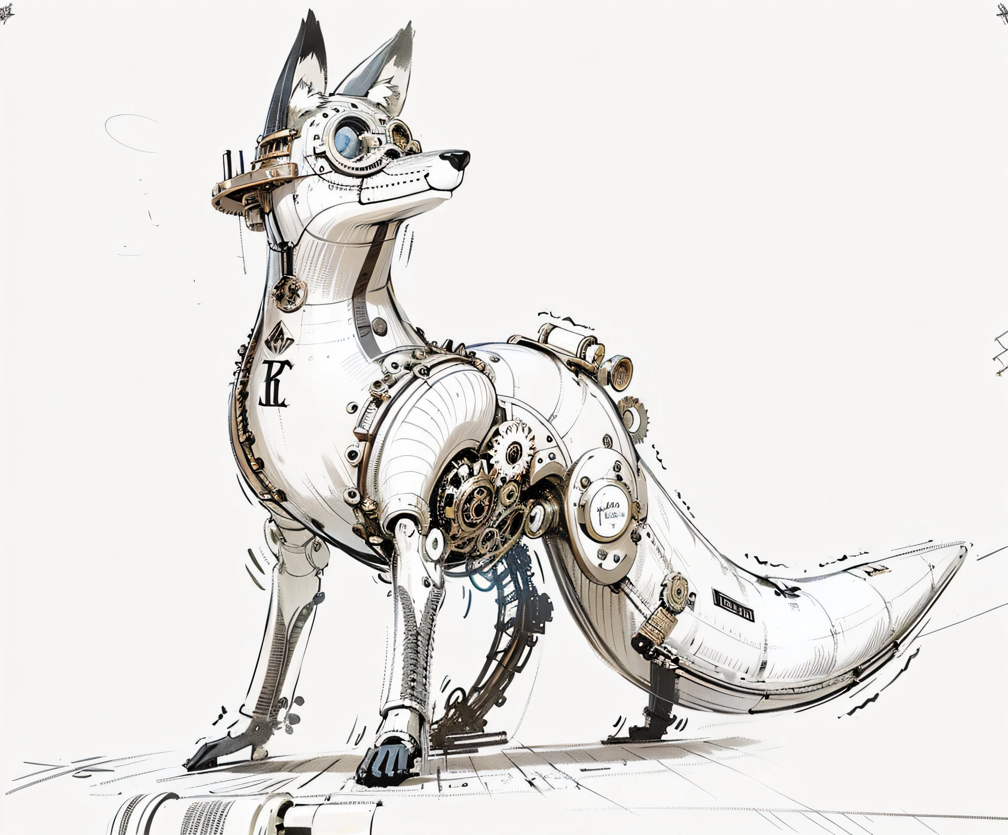Steampunk post-apocalypse blueprint, fox-robot, ((Steampunk style)), (After the Apocalypse),A lot of steampunk details, Gears, rivets, Metal pipes, detailed line drawing, by Eugeen Van Mieghem, illustration and sketch, concept drawing, line drawing, line-drawing, realistic line drawing, Pure ink, Detailed line drawing, in gray tones, monochrome, by Grayson Perry, line art illustration, vehicle illustration, linear illustration, by Jessie Alexandra Dick, in the style of steampunk., Detailed drawing, monochrome