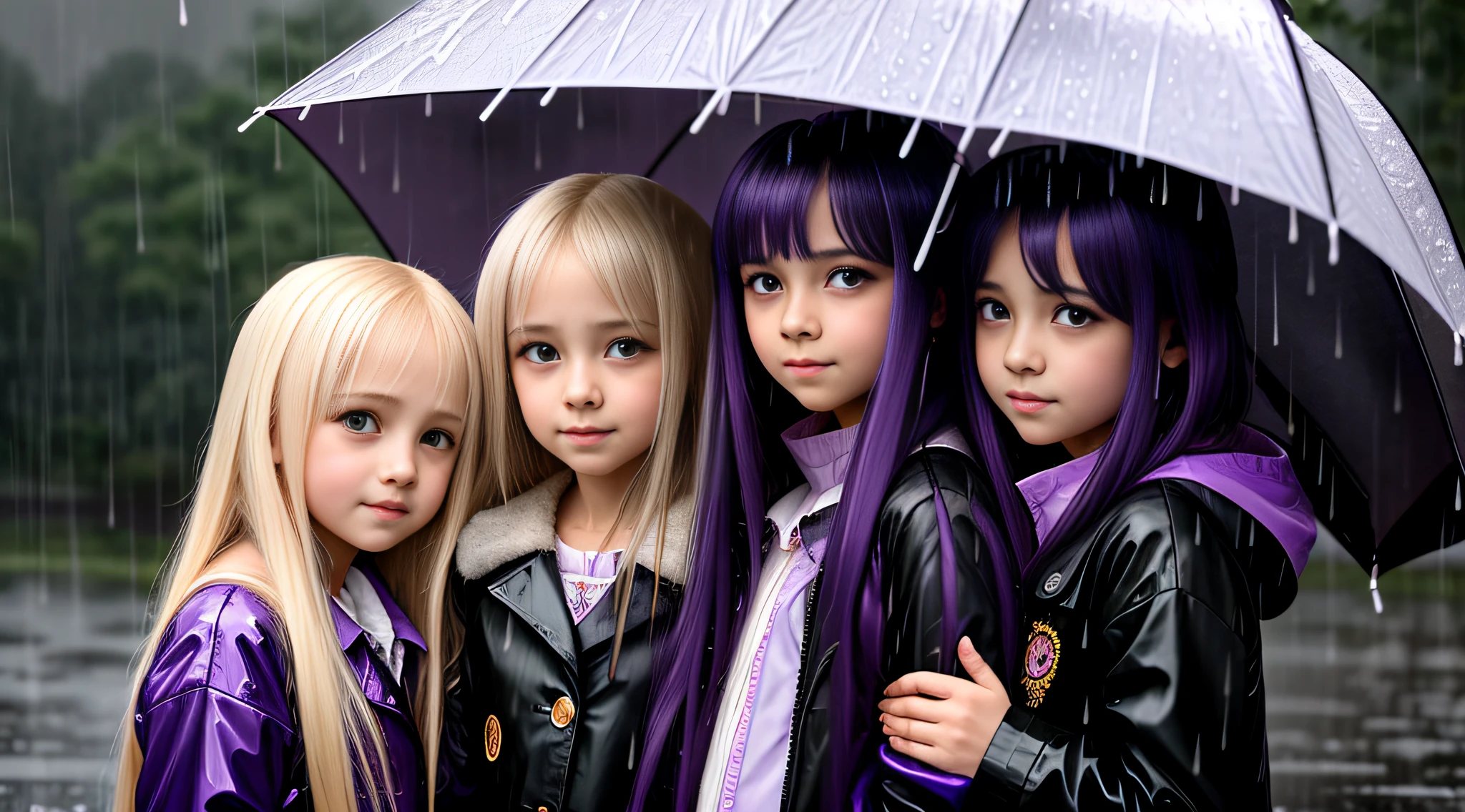 3 girls Russian children with ************, WITH LONG STRAIGHT HAIR blonde, PORTRAIT STYLE, in the rain with purple light, rain, anime art wallpaper 8 k, bright dark rain, anime wallpaper 4k, tears in the rain, anime art wallpaper 4 k, anime art wallpaper 4k, anime wallpaper 4k,  4k anime wallpaper, wallaper anime anime, late night rain, purple rain, atmospheric anime, rain rain portrait raining