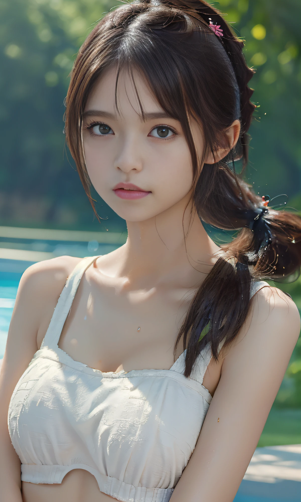 ((Best quality, 8k, Masterpiece :1.3)), 1girl, Pretty woman with emphasizing slender abs :1.3, (Dark brown hair, Ponytail, Huge breasts :1.2), Wet body:1.2, Pool, Ultra-detailed face, Detailed eyes, Double eyelid