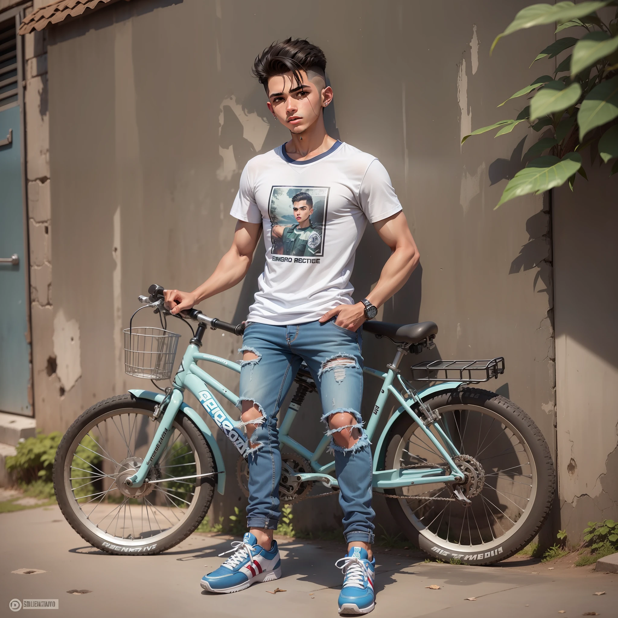 Adolescente masculino de 14 anos latino, cabelo estilo militar com topete camiseta branca, com agasalho esportiva vermelho, jean pants, tenis branco, segurando uma montainbike, numa rua movimentada. Detalhado, estilo anime