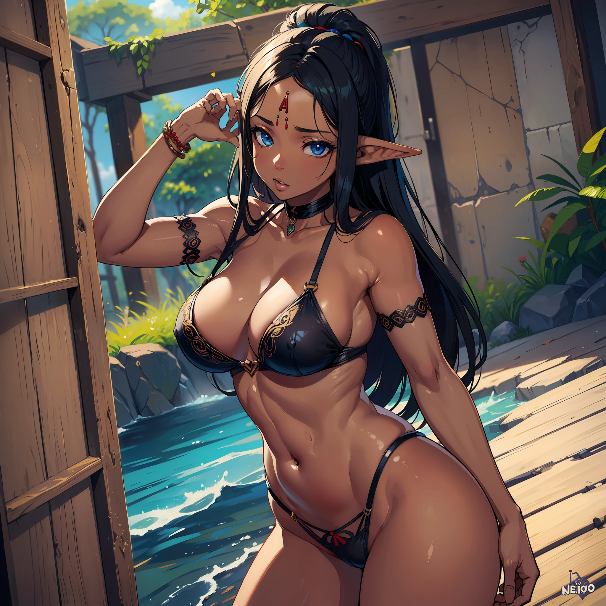 (pele escura, MULHER, ELF Negra, sexy, lingerie ousada, nsfw, seios grandes, bumbum grande:1.2)