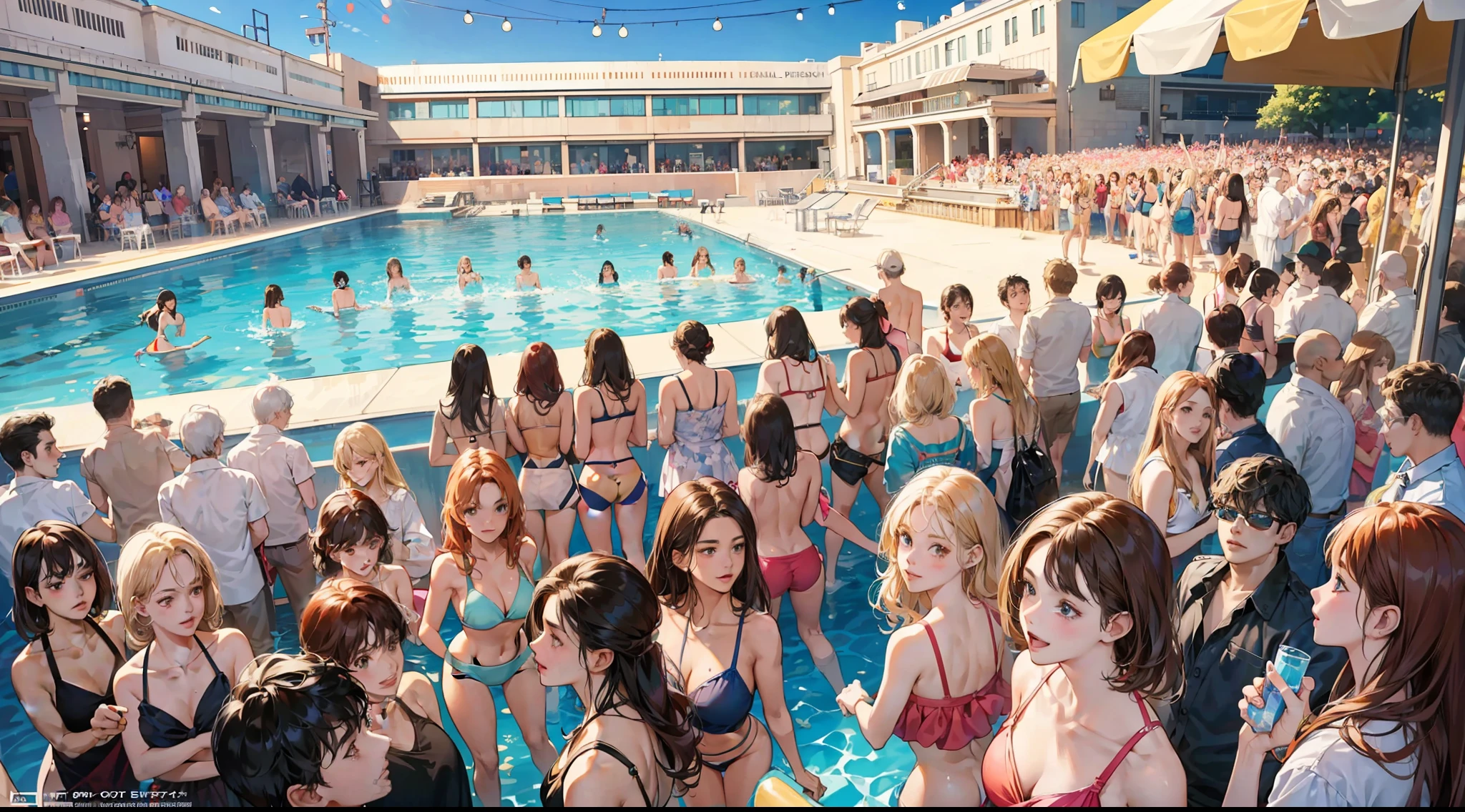 {{age female, caucasian, hundreds of girls, thousands of girls, multiple girls, many girls, only girls, crowd shot, girls are friends}}, looking at viewer, hazel eyes, extremely detailed, brown hair, blonde hair, red hair, black hair, {{blue bikinis, matching bikinis, identical bikinis, same color bikinis}}, pool, pool party, crowd of girls, girls partying, happy, best quality, high quality, extremely detailed anime screencap