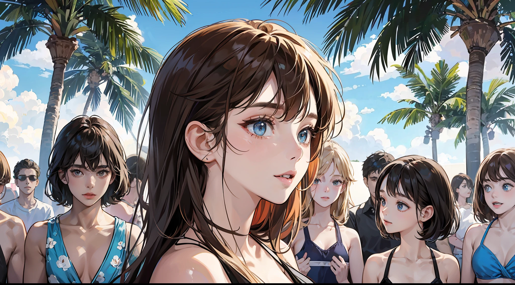 {{age female, caucasian, hundreds of girls, thousands of girls, multiple girls, many girls, only girls, crowd shot, girls are friends}}, looking at viewer, hazel eyes, extremely detailed, brown hair, blonde hair, red hair, black hair, {{blue bikinis, matching bikinis, identical bikinis, same color bikinis}}, pool, pool party, crowd of girls, girls partying, happy, best quality, high quality, extremely detailed anime screencap