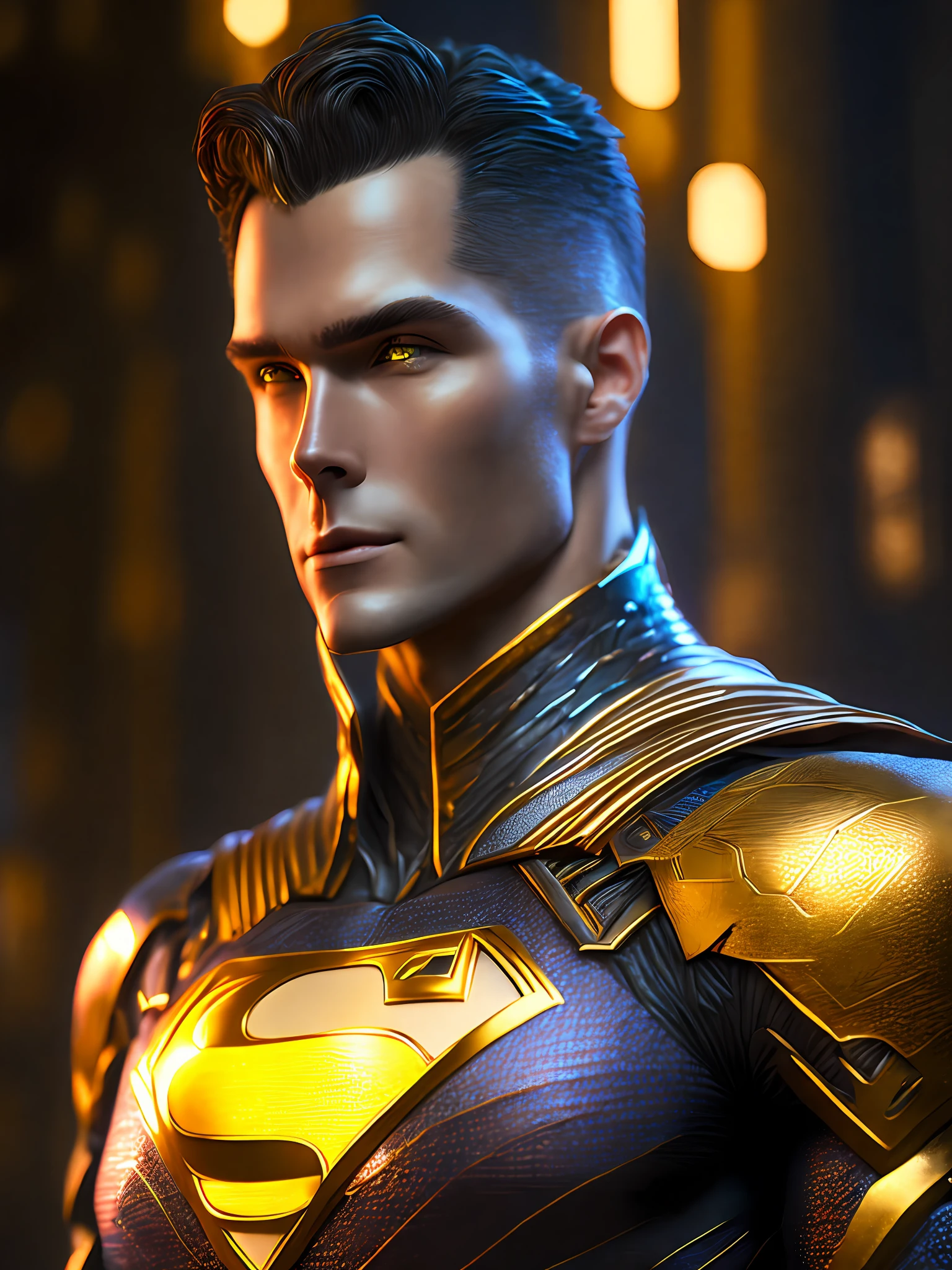 Portrait, Gold Superman from DC, biomechanical, complex robot, full growth, hyperrealistic, insane small details, extremely clean lines, cyberpunk aesthetic, masterpiece featured on Zbrush Central, gothic brutalist cathedral, cyberpunk, award-winning photo, bokeh, neon lights, cybernetic limb
