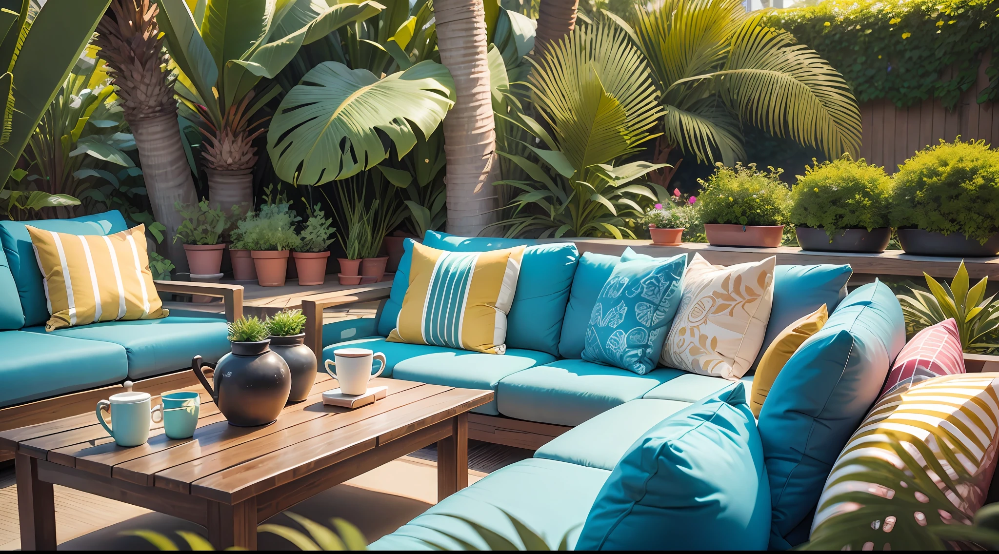 Canon EOS 5D Mark IV DSLR, Lens: EF 50mm f/1.8 STM, Resolution: 30.4 megapixels, ISO sensitivity: 100, Shutter speed: 1/125 second. Contents: A nicely decorated 'chill out' area on the terrace, with comfortable sofas, colorful pillows, a coffee table and plants around. Lighting: Natural light from sunset, creating a warm and relaxing atmosphere. Colors: Neutral tones with touches of vibrant colors from cushions and plants. Composition: Wide-angle view, focusing on decoration details. Style: Hyper-realistic, highly detailed, high-resolution 16k photography. --ar 16:9 --v 5.1 --style raw --q 2 --s 750 --auto --s2