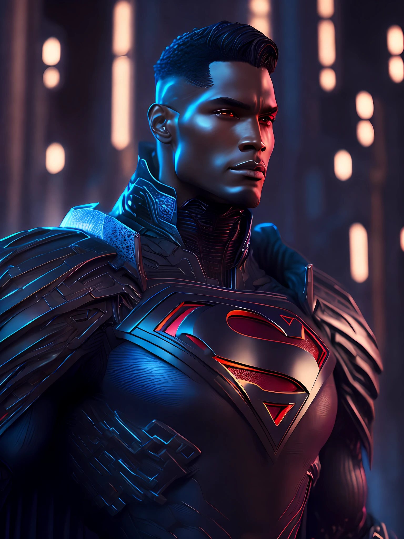 Portrait, Black Superman from DC, biomechanical, complex robot, full growth, hyperrealistic, insane small details, extremely clean lines, cyberpunk aesthetic, masterpiece unveiled at Zbrush Central, gothic brutalist cathedral, cyberpunk, award-winning photo, bokeh, neon lights, cybernetic limb