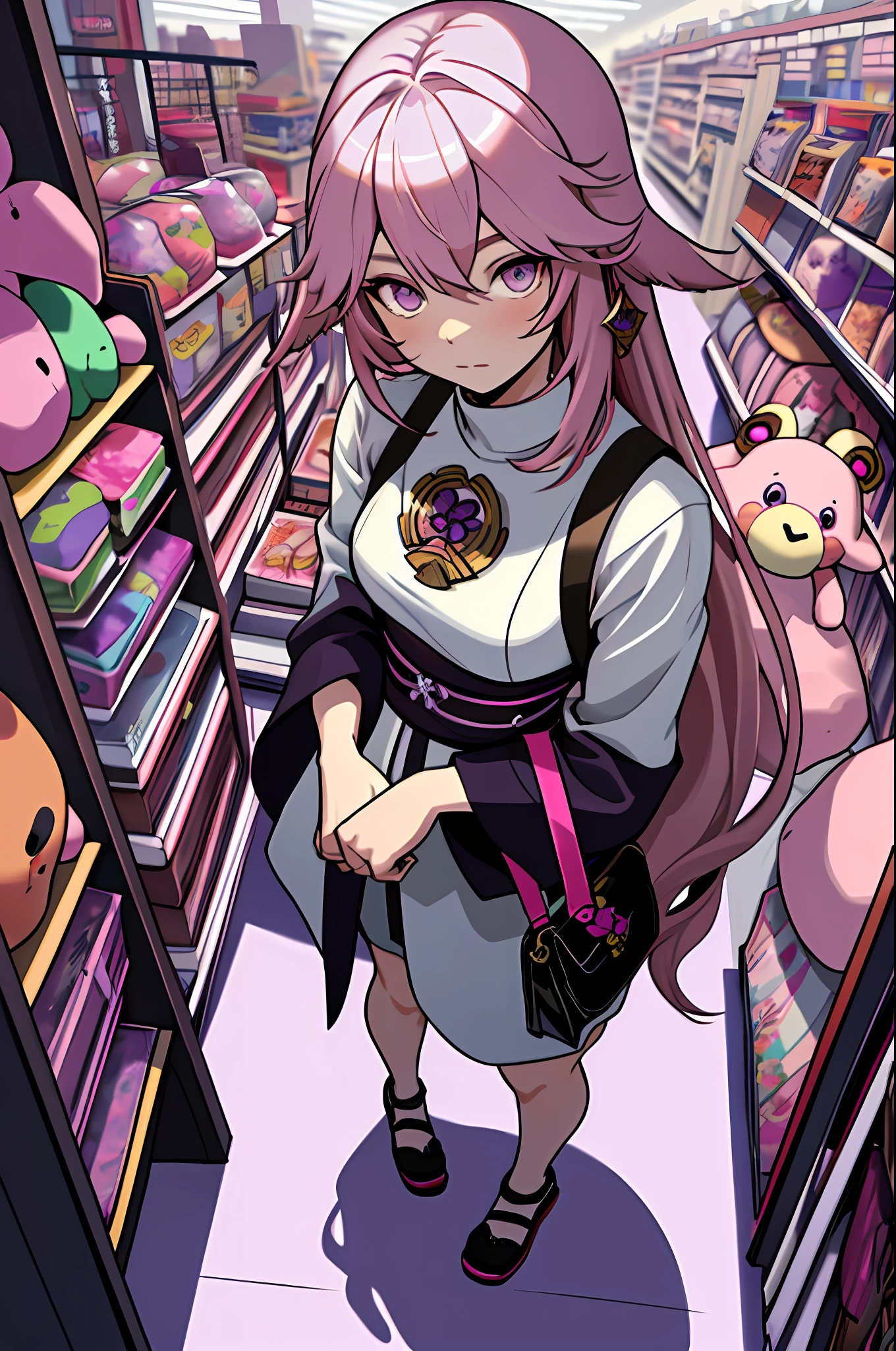(masterpiece, best quality), from above, solo, 1girl standing in a store with lots of stuffed animals on the shelves and a bag of stuff, depth of field, fisheye lens, purple eyes, pink hair, yae miko