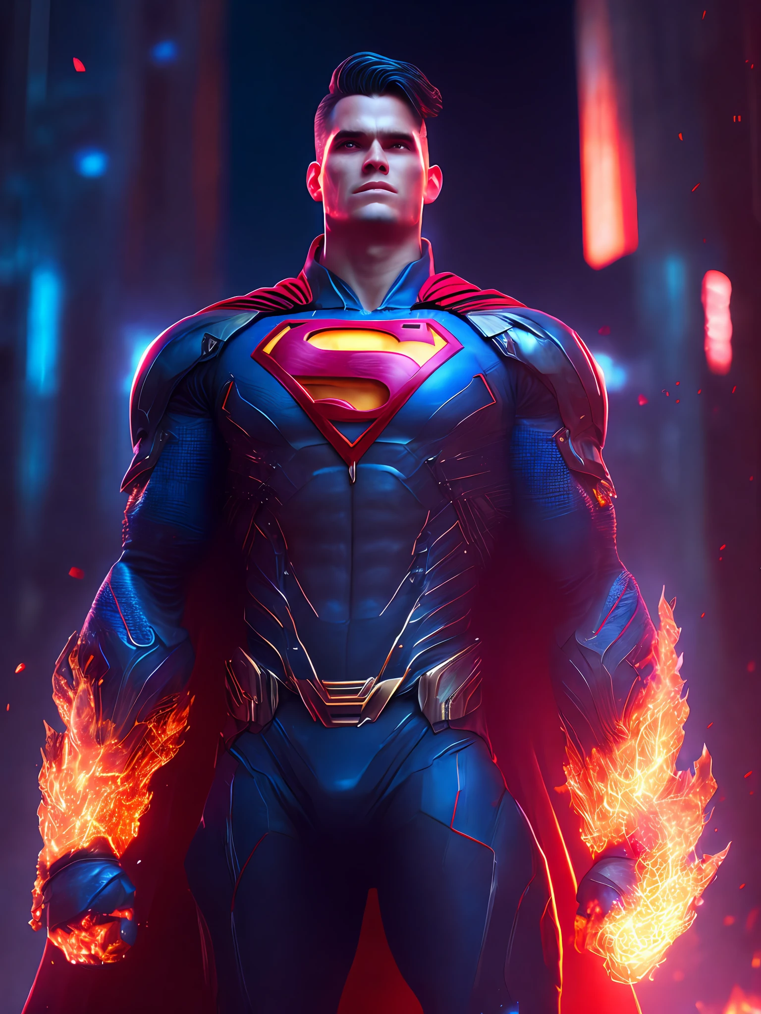 Portrait, Fire Superman from DC, biomechanical, complex robot, full growth, hyper-realistic, insane small details, extremely clean lines, cyberpunk aesthetic, masterpiece featured at Zbrush Central, gothic brutalist cathedral, cyberpunk, award-winning photo, bokeh, neon lights, cybernetic limb