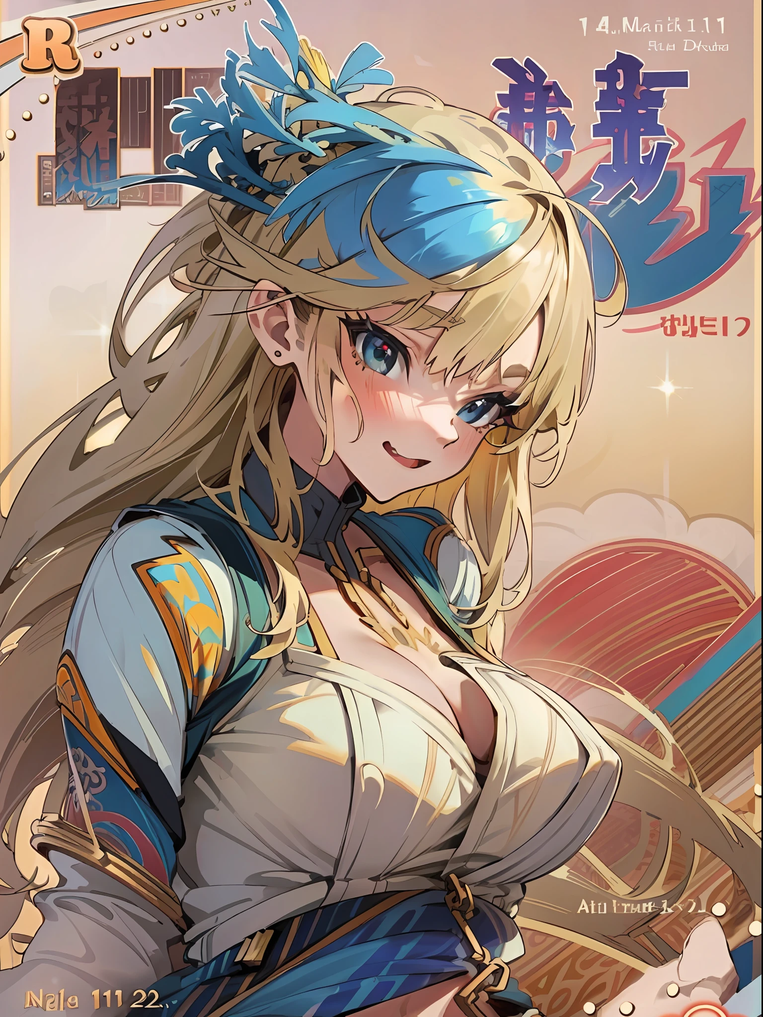 background, mixed-language_text, Japanese letters in graffit, girls, long blonde hair, excellent lighting, sidelighting, perfect ultimate (flat color: 1.3), (magazine_cover: 1.4), (multicolored_background: 1.3), striped_background, card_background, :: comix style by joe madureira :: circular pieces of white metals glued to the ultra detailed arms coming out sparkling shine, perfect and detailed, ultra detailed shirt with abstract design and with Japanese letter print in graffit of the sides of clothing, image of girls with big breast, on top of a futuristic motorcycle, with immersive effects, hover effect, background graffiti style tribal tattoo with flowers and vibrant colors, "ultra HDR" detailed and with focus effect, (masterpiece: 1.2, best quality), (beautiful eyes with huge eyelashes finely detailed: 1.2), , ((Solo)), (Finely detailed eyes and detailed face: 1.3), in various full-body attack poses, (cute background: 1.2),futuristic costume, super detailed circular metals Clinging to the arms and pants, fantastic paintings
