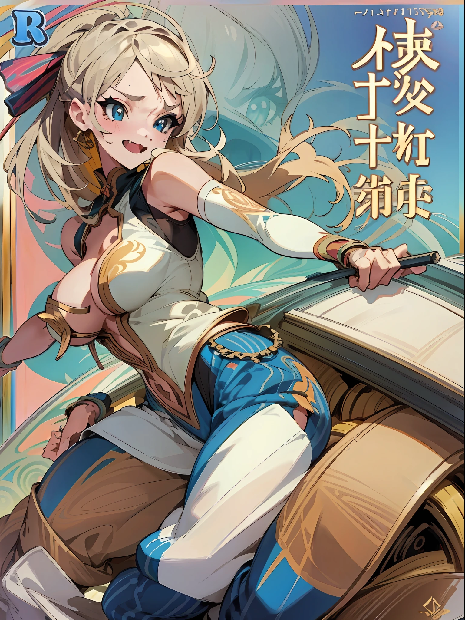background, mixed-language_text, Japanese letters in graffit, girls, long blonde hair, excellent lighting, sidelighting, perfect ultimate (flat color: 1.3), (magazine_cover: 1.4), (multicolored_background: 1.3), striped_background, card_background, :: comix style by joe madureira :: circular pieces of white metals glued to the ultra detailed arms coming out sparkling shine, perfect and detailed, ultra detailed shirt with abstract design and with Japanese letter print in graffit of the sides of clothing, image of girls with big breast, on top of a futuristic motorcycle, with immersive effects, hover effect, background graffiti style tribal tattoo with flowers and vibrant colors, "ultra HDR" detailed and with focus effect, (masterpiece: 1.2, best quality), (beautiful eyes with huge eyelashes finely detailed: 1.2), , ((Solo)), (Finely detailed eyes and detailed face: 1.3), in various full-body attack poses, (cute background: 1.2),futuristic costume, super detailed circular metals Clinging to the arms and pants, fantastic paintings