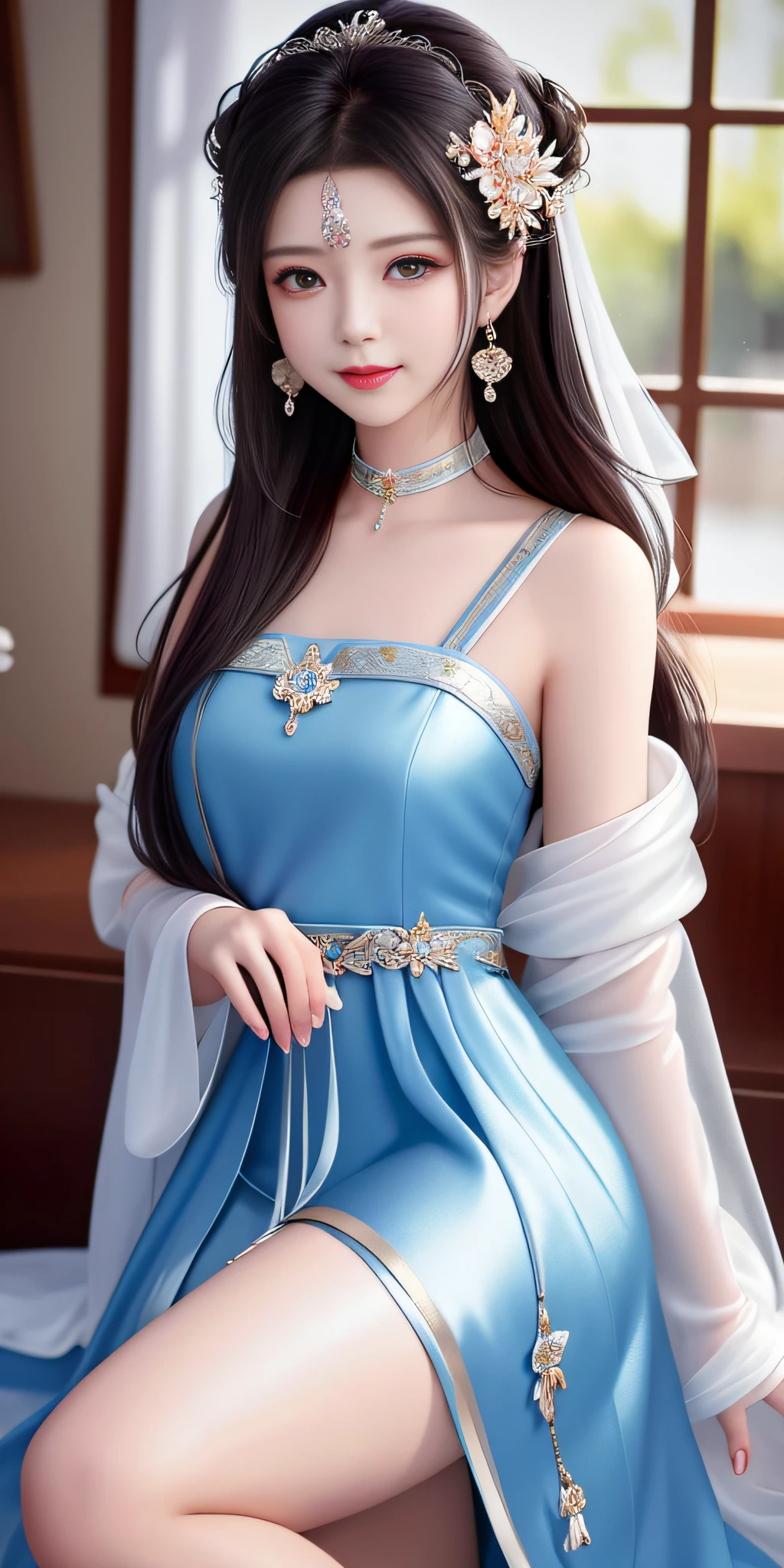 Best quality、a masterpiece、high res、1 girl、Sheer silk porcelain dress、Nice face、hair ornament、looks at the viewer、smile,、,、Shut your mouth、Lips、One Piece Dresses、（Sexy beautiful legs：1.3），(Sexy：1.3)，hair ornament、Choker、JEWELRY、length hair、earings、Pretty Face、On the body、Tindal effect、realistness、Shadow Studio、edge lighting、Two-Color Lighting、（highdetailedskin：1.2）、8k Ultra HD、DSLR、softlighting、High Quality，Volumetric Lighting，photograph of，High resolution 4K，8k，Blur the background
