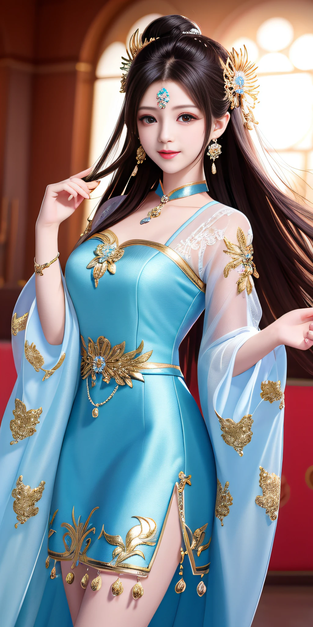 Best quality、a masterpiece、high res、1 girl、Sheer silk porcelain dress、Nice face、hair ornament、looks at the viewer、smile,、,、Shut your mouth、Lips、One Piece Dresses、(Sexy beautiful legs:1.3),(Sexy:1.3),hair ornament、Choker、JEWELRY、length hair、earings、Pretty Face、On the body、Tindal effect、realistness、Shadow Studio、edge lighting、Two-Color Lighting、(highdetailedskin:1.2)、8k Ultra HD、DSLR、softlighting、High Quality,Volumetric Lighting,photograph of,High resolution 4K,8k,Blur the background
