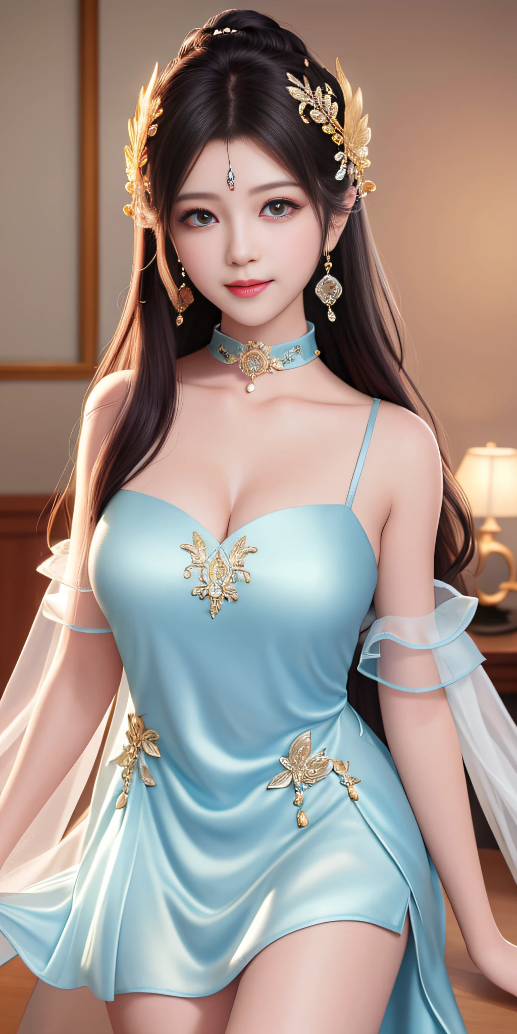 Best quality、a masterpiece、high res、Girls nude girls 1 pc、Sheer silk porcelain dress、Nice face、hair ornament、looks at the viewer、smile,、,、,、Shut your mouth、Lips、One Piece Dresses、（Sexy beautiful legs：1.3，1.3 pcs），(Plump breasts：1.3，1.3 pcs)，hair ornament、Choker、JEWELRY、length hair、earings、Pretty Face、On the body、Tindal effect、realistness、Shadow Studio、edge lighting、Two-Color Lighting、（highdetailedskin：1.2）、8k Ultra HD、DSLR、softlighting、High Quality，Volumetric Lighting，photograph of，High resolution 4K，8k，Blur the background