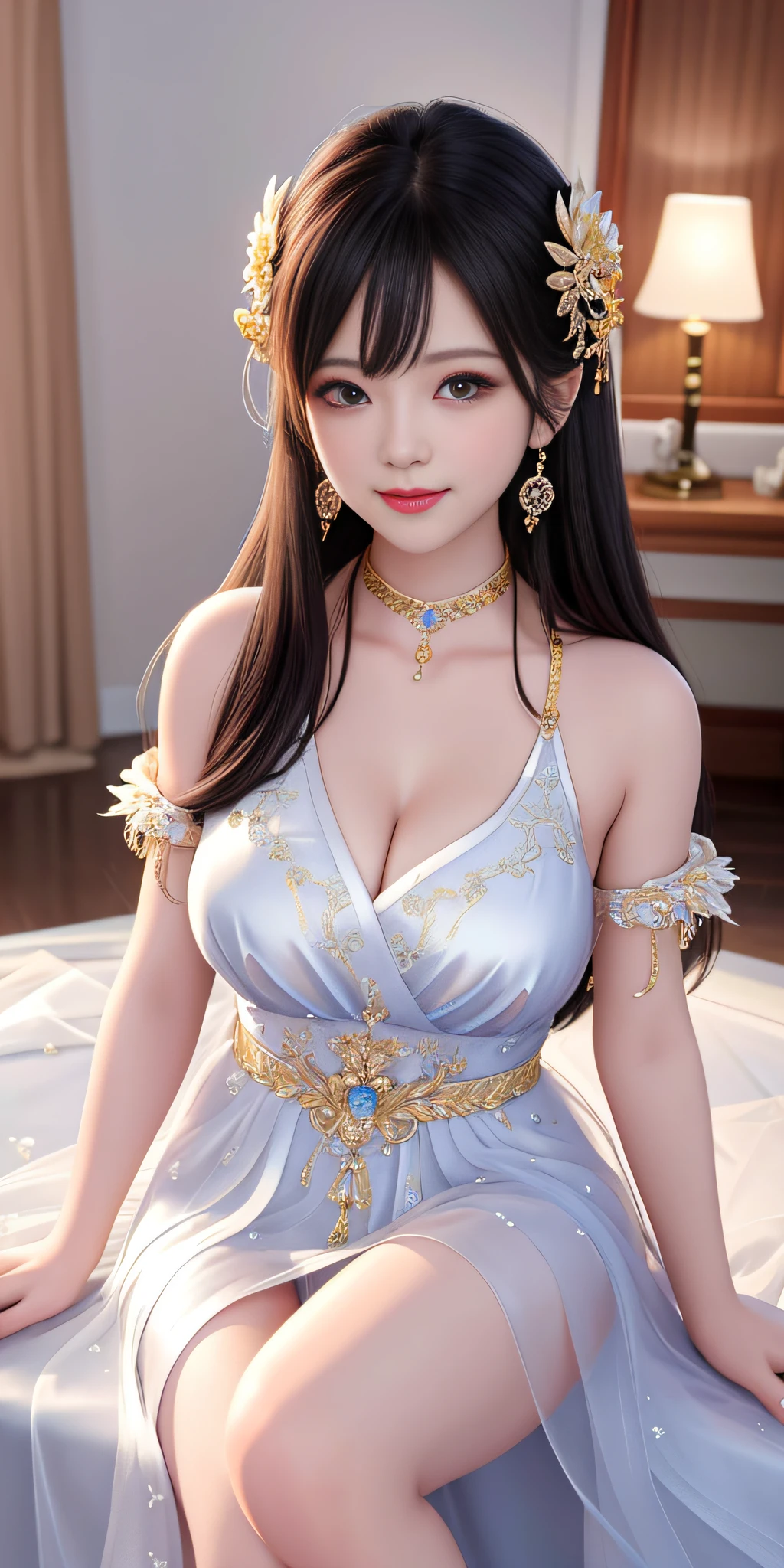 Best quality、a masterpiece、high res、Girls nude girls 1 pc、Sheer silk porcelain dress、Nice face、hair ornament、looks at the viewer、smile,、,、,、Shut your mouth、Lips、One Piece Dresses、(Sexy beautiful legs:1.3,1.3 pcs),(Plump breasts:1.3,1.3 pcs),hair ornament、Choker、JEWELRY、length hair、earings、Pretty Face、On the body、Tindal effect、realistness、Shadow Studio、edge lighting、Two-Color Lighting、(highdetailedskin:1.2)、8k Ultra HD、DSLR、softlighting、High Quality,Volumetric Lighting,photograph of,High resolution 4K,8k,Blur the background