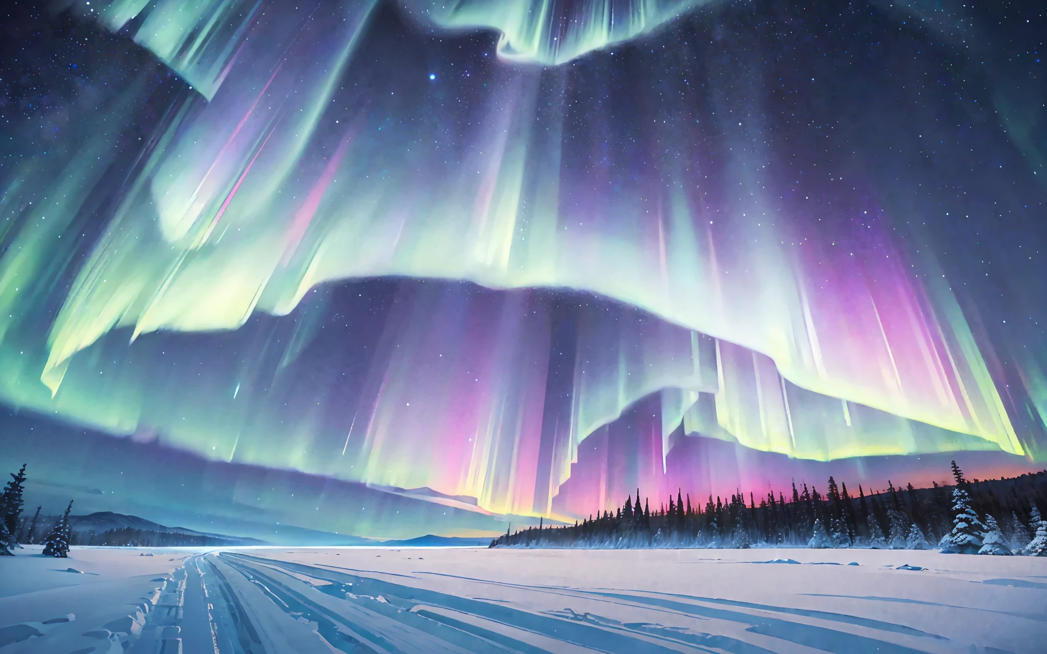 dynamic angle, nordic landscape, vast frozen plains and hills under the (aurora borealis), sublime, stunning, beautiful scene, snowflakes in the air, gorgeous, shimmering snow, night scene, starry sky, clear sky, vibrant prismatic colors, natural lighting, dynamic composition, highly detailed, sharp and crisp image,