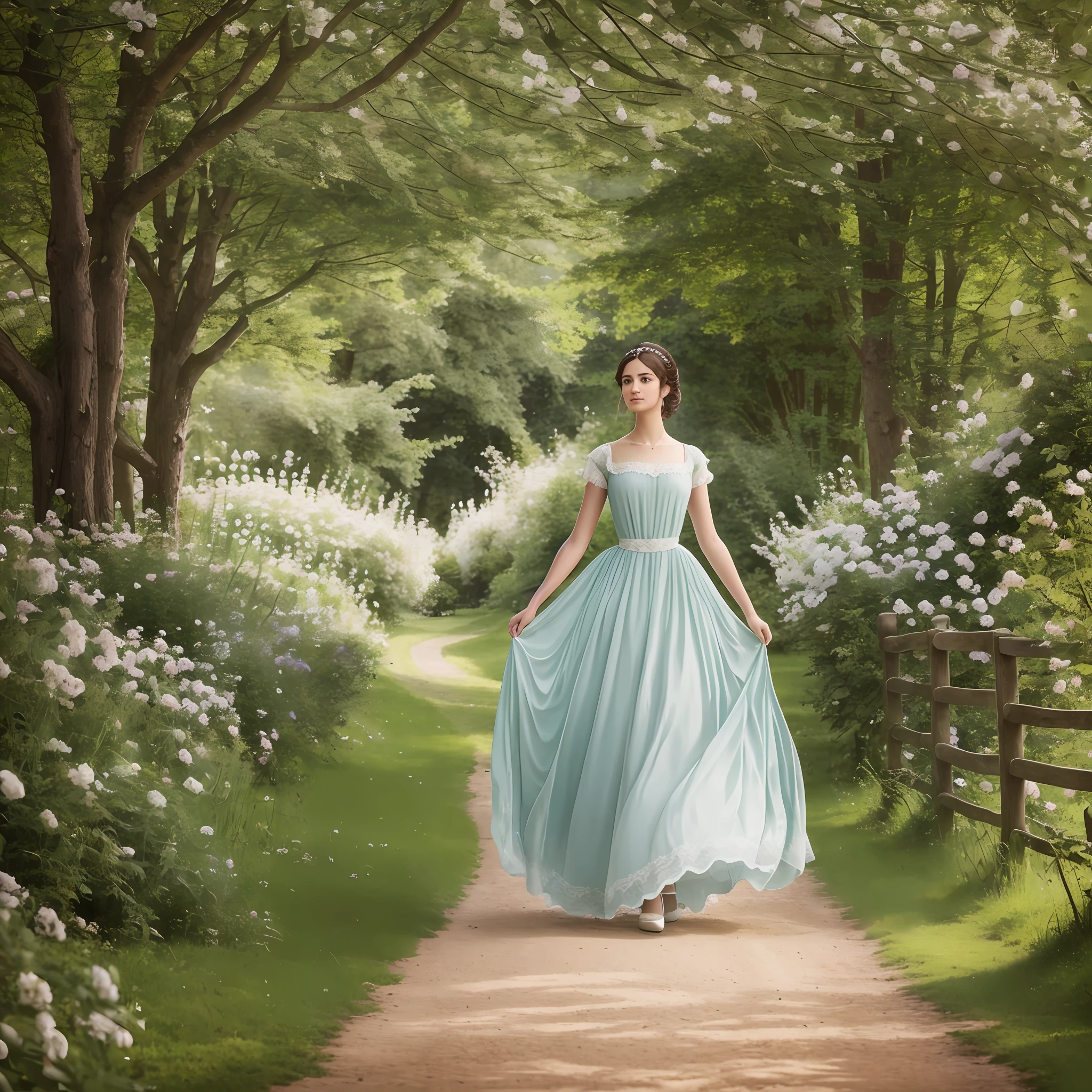 (extremely detailed CG unity 8k wallpaper,masterpiece, best quality, ultra-detailed),(best illumination, best shadow, an extremely delicate and beautiful),floating,Elizabeth Bennet,Regency era fashion,English countryside,romantic atmosphere,greenery,summer afternoon,sunlight filtering through leaves,soft breeze,twirling dress,delicate embroidery,handheld fan,graceful and poised,country estate. --auto --s2