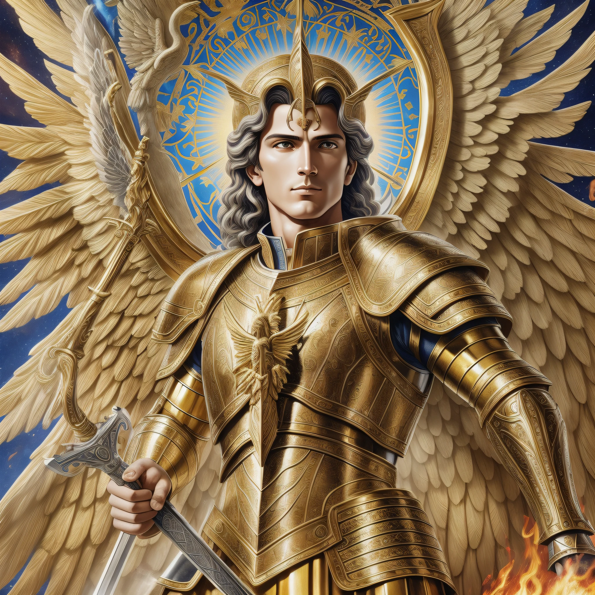 realistic image of St. Michael the Archangel looking forward, um HOMEM guerreiro celestial, com asas grandes e poderosas, dressed in gold armor and holding a flaming sword in his hand and with a shield, symbolizing his strength and divine protection, His image is that of a powerful and protective heavenly warrior. --auto --s2