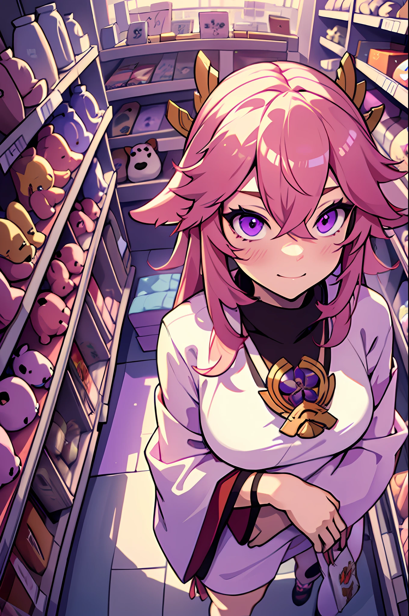 (masterpiece, best quality),  from above, solo, 1girl standing in a store with lots of stuffed animals on the shelves and a bag of stuff, depth of field, fisheye lens, purple eyes, pink hair, yae miko