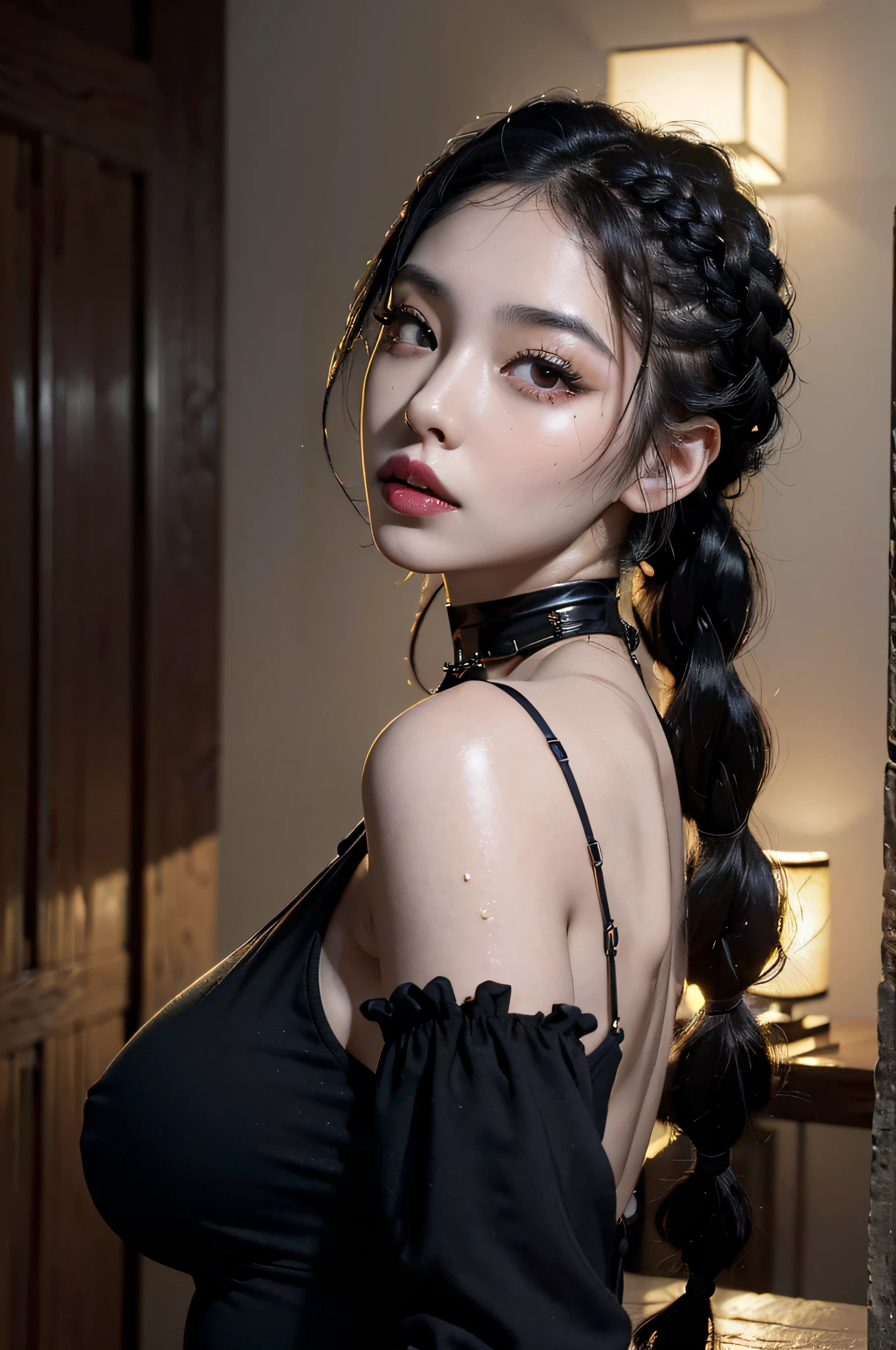 (Best Quality, 8k, 32k, Masterpiece, UHD:1.3), (Photo of Attractive Japanese Woman), (medium Boobs:1.1), 1 Girl, (long wavy hair with braids), choker,very pale skin,Ultra Detailed Face, Detailed Lips, black lipstick, Fine Eyes, double eyelids, blacl tight goth clothes, movie lighting, summer evening, heat, sweat